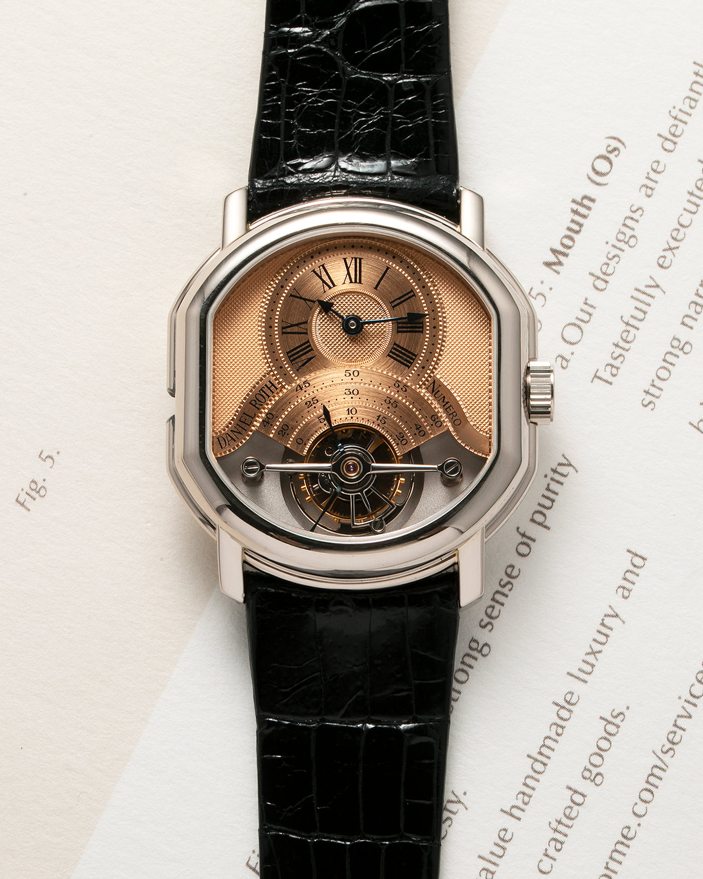 Brand: Daniel Roth Year: 1990’s Model: 2187 Tourbillon (Possibly Piece Unique) Material: 18-Carat White Gold  Movement: Cal. DR 307 One-Minute Tourbillon Regulator, Manual-Winding  Case Diameter: 35mm x 38mm Strap: Daniel Roth Black Alligator Leather with Signed 180carat White Gold Tang Buckle