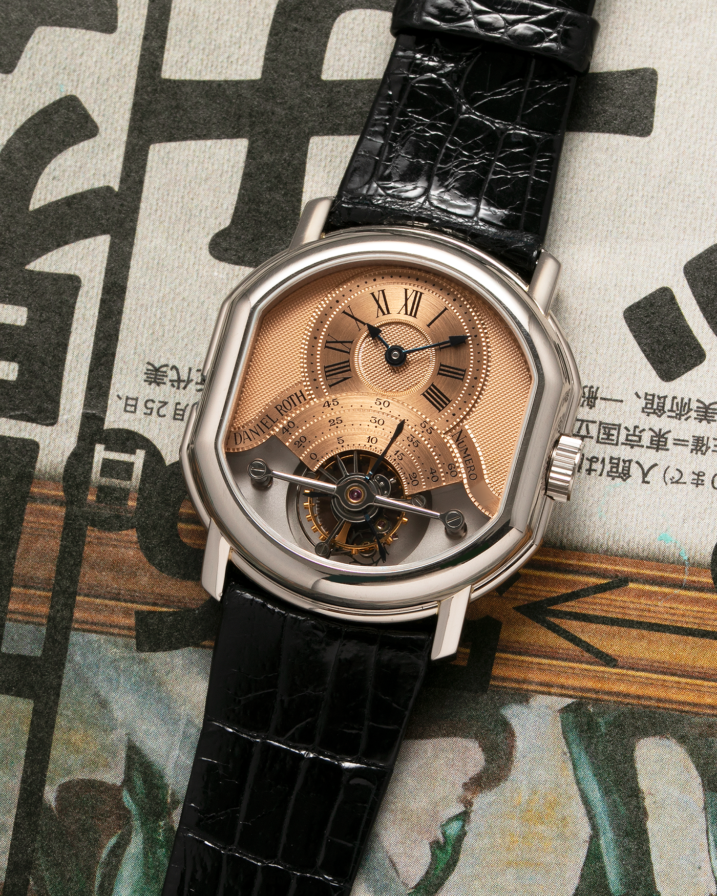 Brand: Daniel Roth Year: 1990’s Model: 2187 Tourbillon (Possibly Piece Unique) Material: 18-Carat White Gold  Movement: Cal. DR 307 One-Minute Tourbillon Regulator, Manual-Winding  Case Diameter: 35mm x 38mm Strap: Daniel Roth Black Alligator Leather with Signed 180carat White Gold Tang Buckle