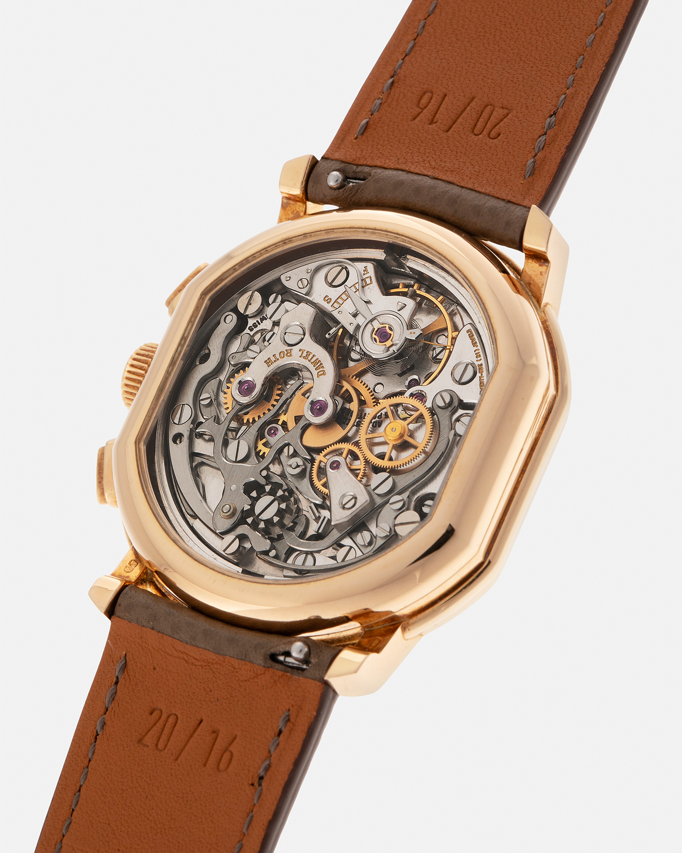 Brand: Daniel Roth
Year: 1990’s
Model: 2147 Chronograph (First Generation)
Material: 18-carat Yellow Gold
Movement: Lemania Cal. 2320, Manual-Winding
Case Dimensions: 35mm x 38mm (Lug-to-Lug 41.5mm)
Lug Width: 20mm
Strap: Nostime Taupe Brown Textured Calf Leather with Signed 18-carat Yellow Gold Tang Buckle