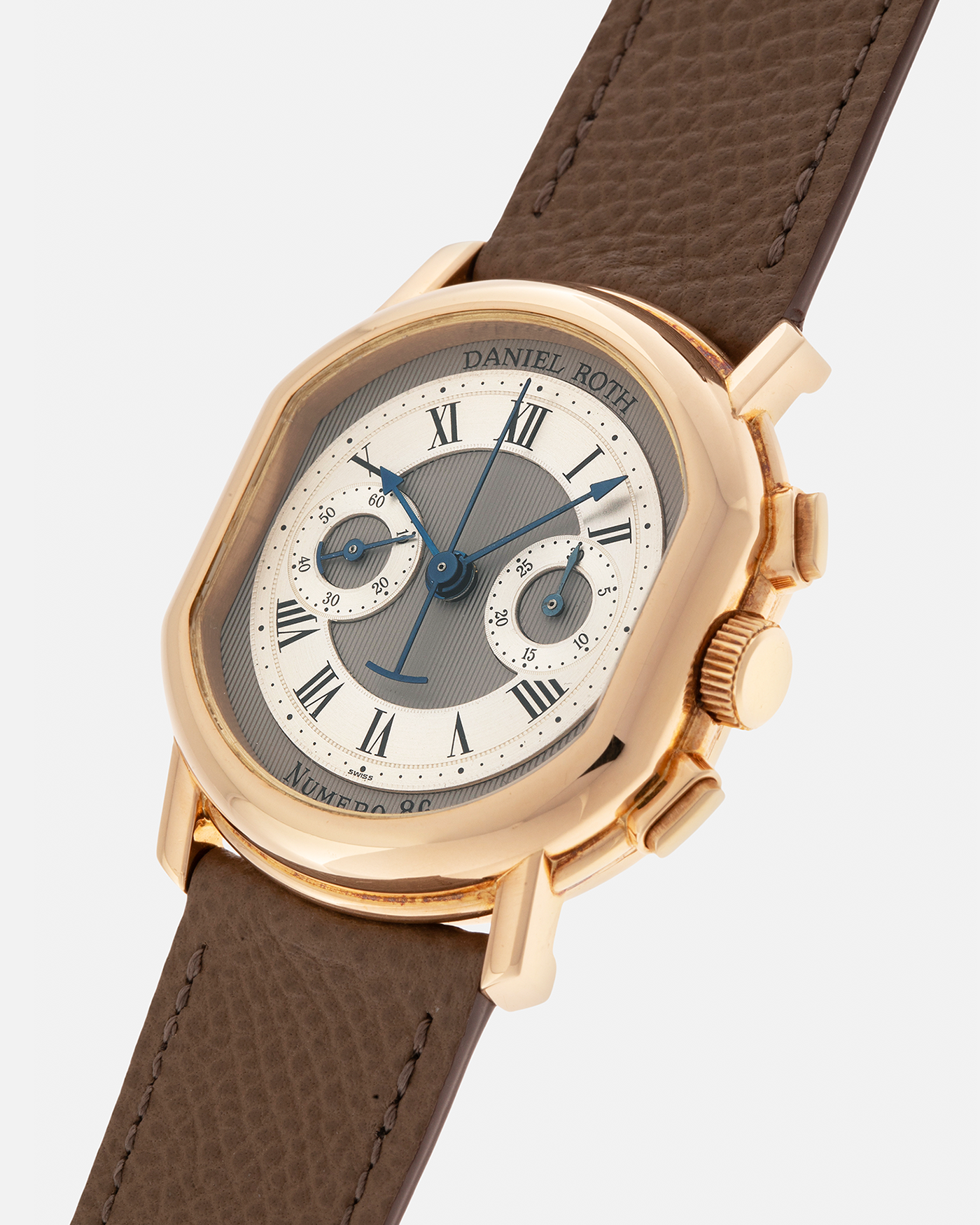 Brand: Daniel Roth
Year: 1990’s
Model: 2147 Chronograph (First Generation)
Material: 18-carat Yellow Gold
Movement: Lemania Cal. 2320, Manual-Winding
Case Dimensions: 35mm x 38mm (Lug-to-Lug 41.5mm)
Lug Width: 20mm
Strap: Nostime Taupe Brown Textured Calf Leather with Signed 18-carat Yellow Gold Tang Buckle