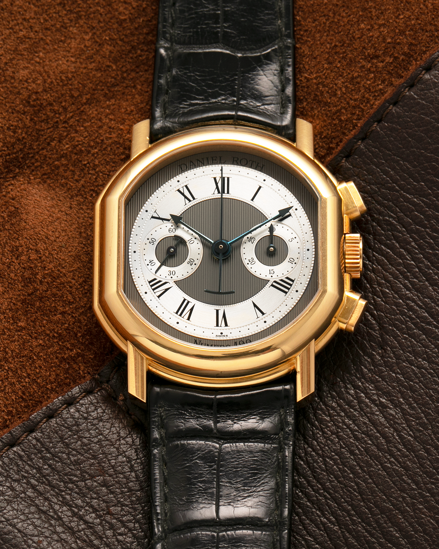 Brand: Daniel Roth
Year: 1990’s
Model: 2147 Chronograph (First Generation)
Material: 18-carat Yellow Gold
Movement: Lemania Cal. 2320, Manual-Winding
Case Dimensions: 35mm x 38mm (Lug-to-Lug 41.5mm)
Lug Width: 20mm
Strap: Daniel Roth Black Alligator Leather Strap with Signed 18-carat Yellow Gold Tang Buckle