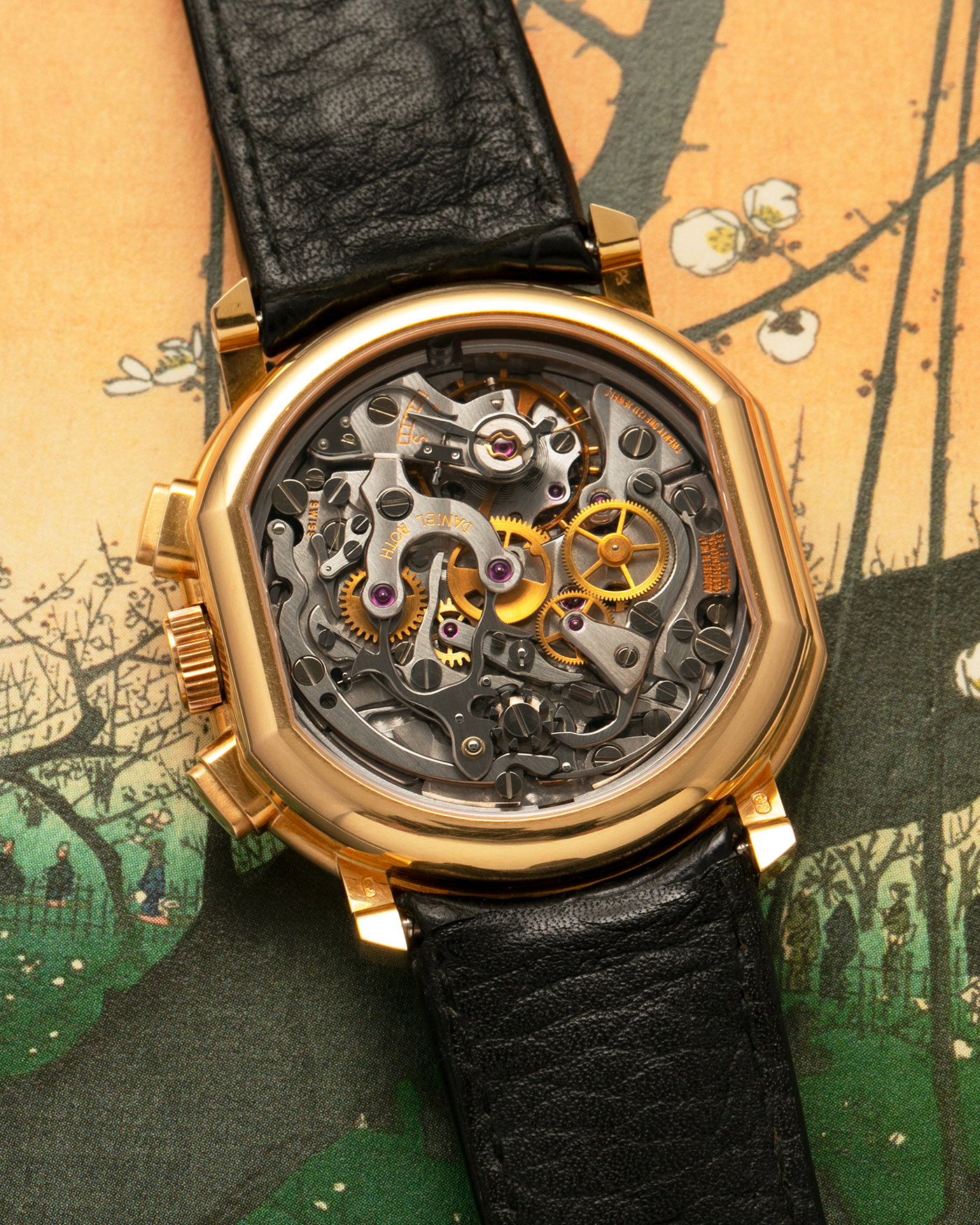 Brand: Daniel Roth
Year: 1990’s
Model: 2147 Chronograph (First Generation)
Material: 18-carat Yellow Gold
Movement: Lemania Cal. 2320, Manual-Winding
Case Dimensions: 35mm x 38mm (Lug-to-Lug 41.5mm)
Lug Width: 20mm
Strap: Daniel Roth Black Alligator Leather Strap with Signed 18-carat Yellow Gold Tang Buckle
