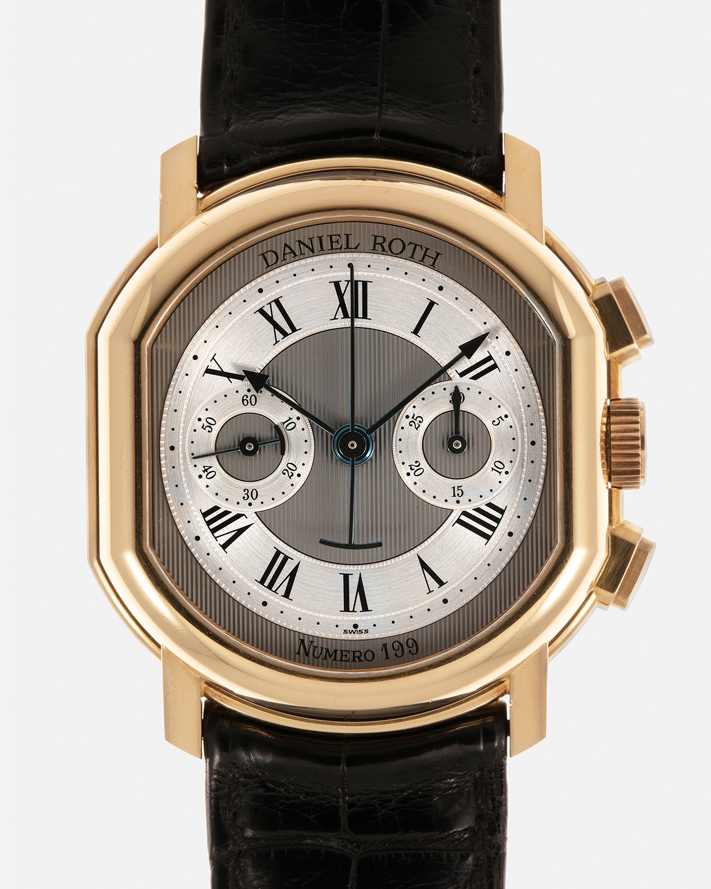 Brand: Daniel Roth
Year: 1990’s
Model: 2147 Chronograph (First Generation)
Material: 18-carat Yellow Gold
Movement: Lemania Cal. 2320, Manual-Winding
Case Dimensions: 35mm x 38mm (Lug-to-Lug 41.5mm)
Lug Width: 20mm
Strap: Daniel Roth Black Alligator Leather Strap with Signed 18-carat Yellow Gold Tang Buckle