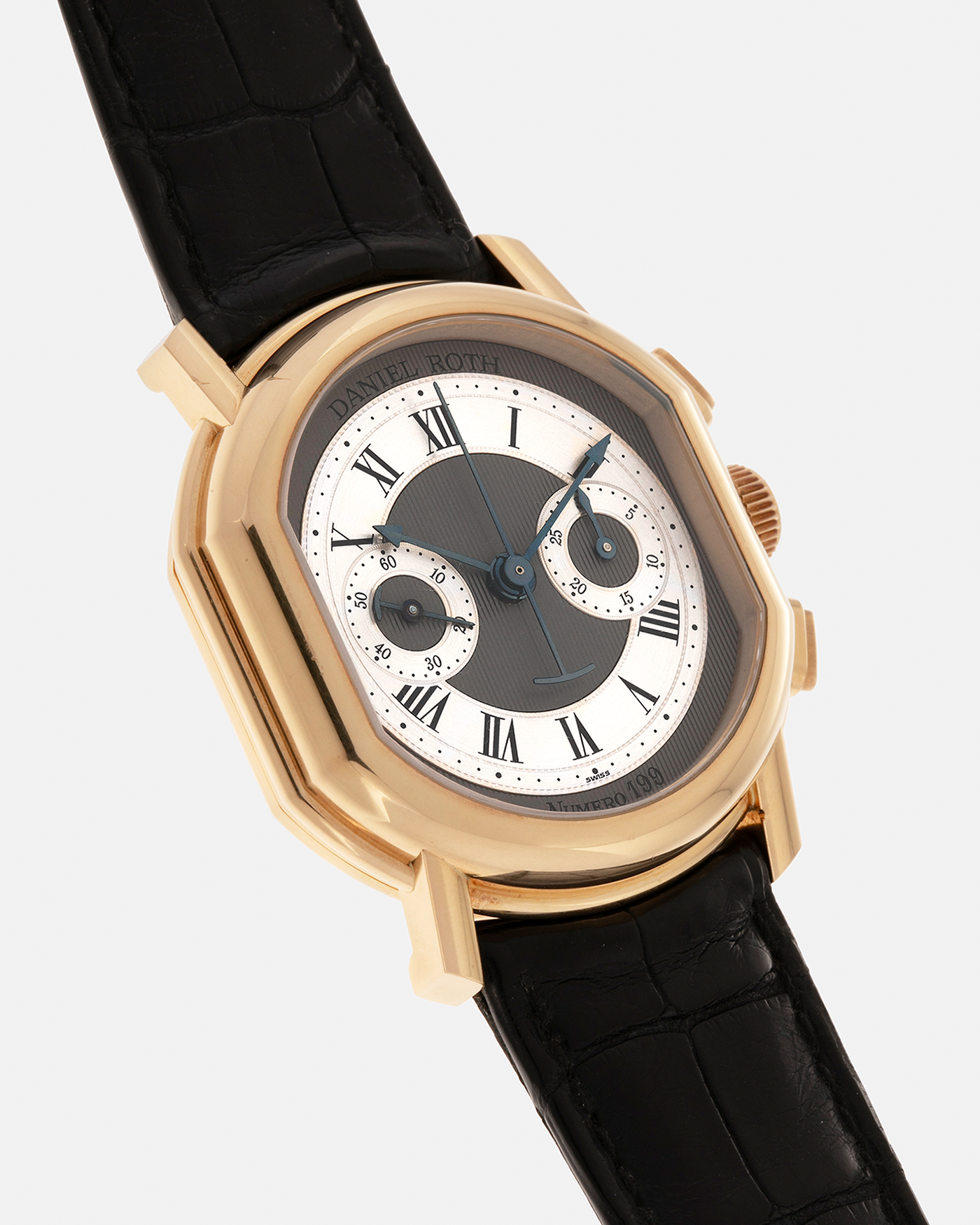 Brand: Daniel Roth
Year: 1990’s
Model: 2147 Chronograph (First Generation)
Material: 18-carat Yellow Gold
Movement: Lemania Cal. 2320, Manual-Winding
Case Dimensions: 35mm x 38mm (Lug-to-Lug 41.5mm)
Lug Width: 20mm
Strap: Daniel Roth Black Alligator Leather Strap with Signed 18-carat Yellow Gold Tang Buckle