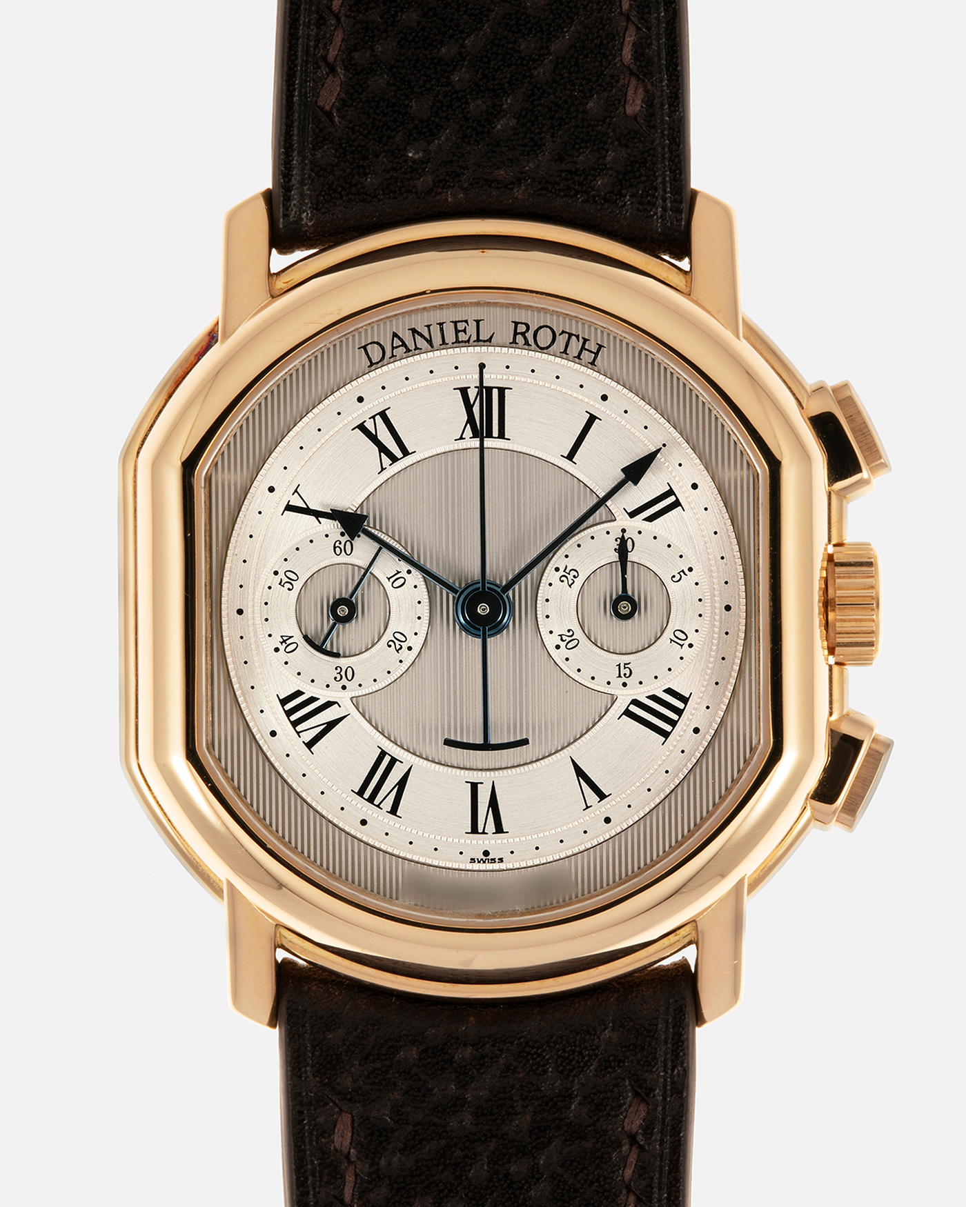 Brand: Daniel Roth
Year: Early 1990s
Model: 2147 Chronograph
Material: 18-carat Yellow Gold
Movement: Lemania Cal. 2320, Manual-Winding
Case Diameter: 35mm x 38mm (Lug-to-Lug 41mm)
Lug Width: 20mm
Strap: Unnamed Dark Brown Calf Leather Strap with Signed 18-carat Yellow Gold Tang Buckle