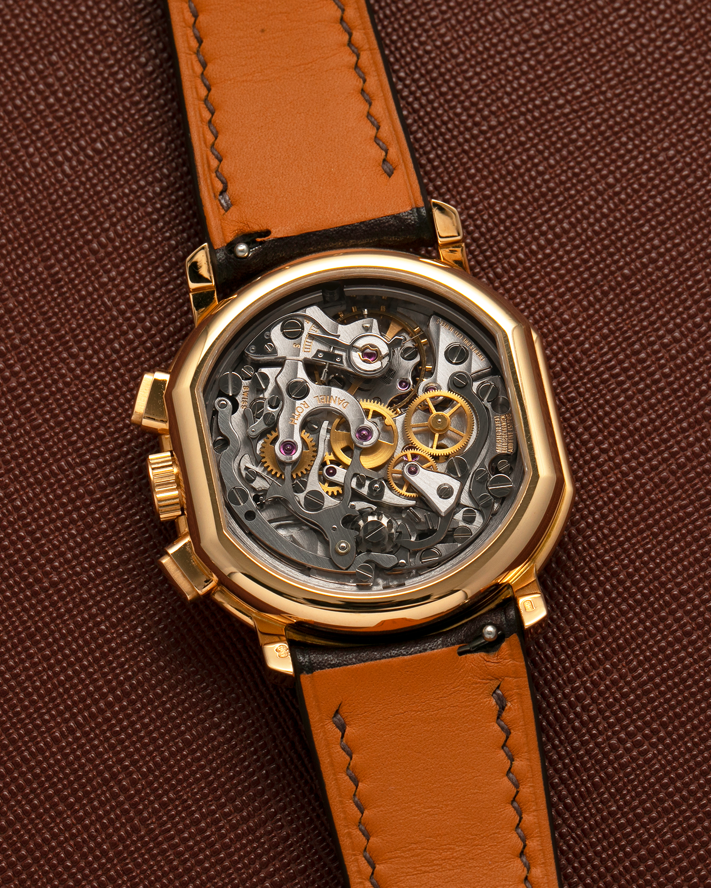 Brand: Daniel Roth
Year: Early 1990s
Model: 2147 Chronograph
Material: 18-carat Yellow Gold
Movement: Lemania Cal. 2320, Manual-Winding
Case Diameter: 35mm x 38mm (Lug-to-Lug 41mm)
Lug Width: 20mm
Strap: Unnamed Dark Brown Calf Leather Strap with Signed 18-carat Yellow Gold Tang Buckle