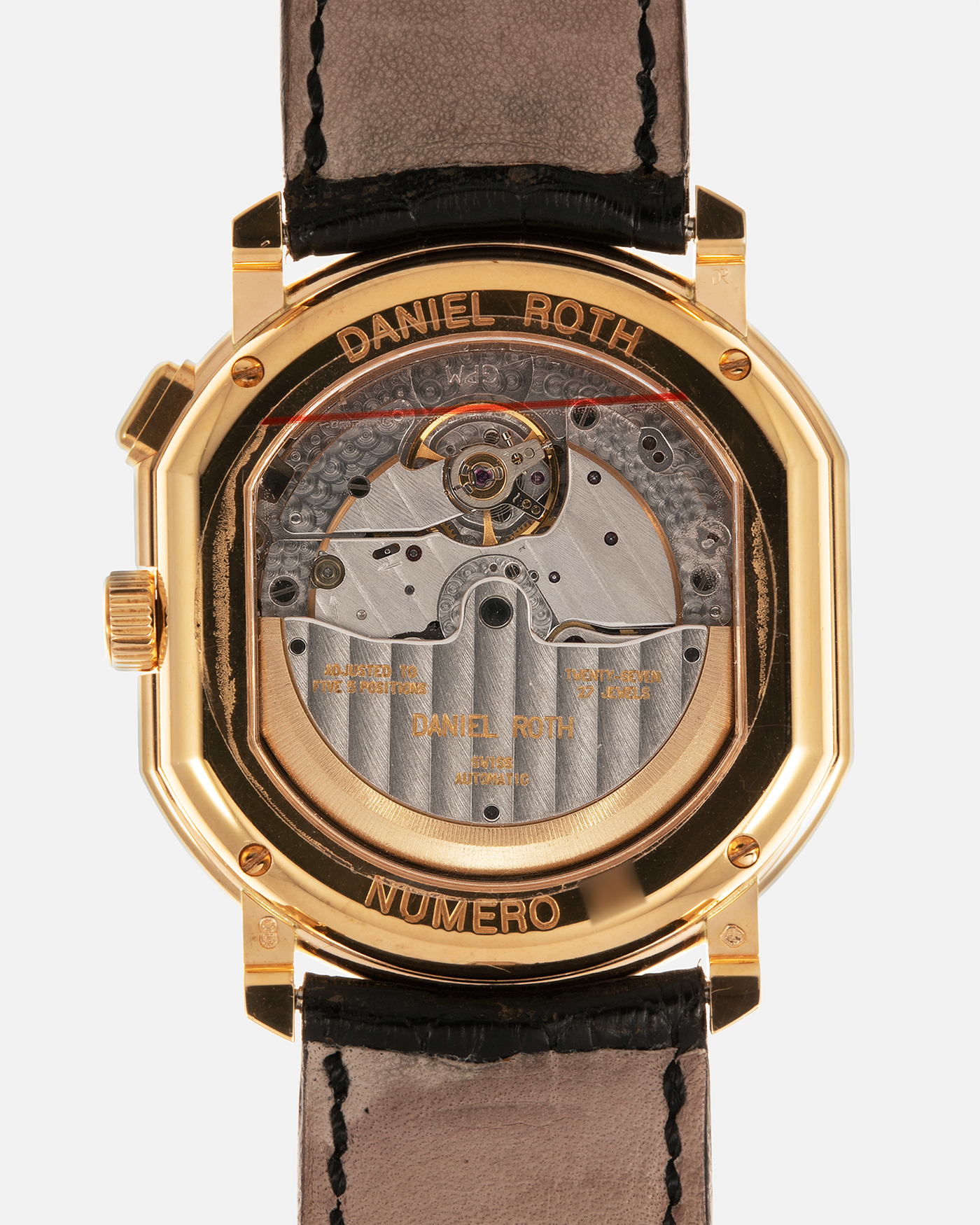 Brand: Daniel Roth
Year: 1990s
Model: GMT
Material: 18-carat Yellow Gold
Movement: Heavily-Modified Girard Perregaux Cal. GP3100, Self-Winding
Case Diameter: 35mm x 38mm (Lug-to-Lug 41mm)
Lug Width: 19mm
Strap: Cellini Black Alligator Leather Strap with Signed 18-carat Yellow Gold Tang Buckle