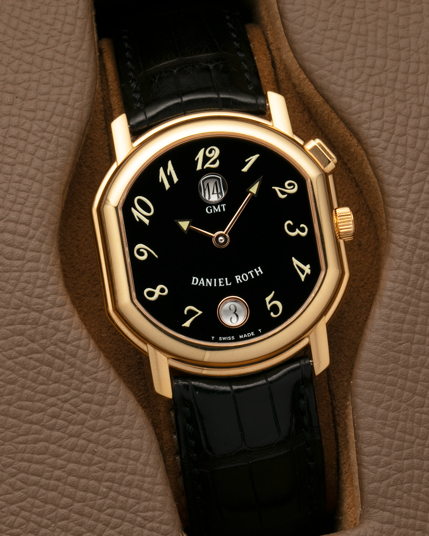 Brand: Daniel Roth
Year: 1990s
Model: GMT
Material: 18-carat Yellow Gold
Movement: Heavily-Modified Girard Perregaux Cal. GP3100, Self-Winding
Case Diameter: 35mm x 38mm (Lug-to-Lug 41mm)
Lug Width: 19mm
Strap: Cellini Black Alligator Leather Strap with Signed 18-carat Yellow Gold Tang Buckle