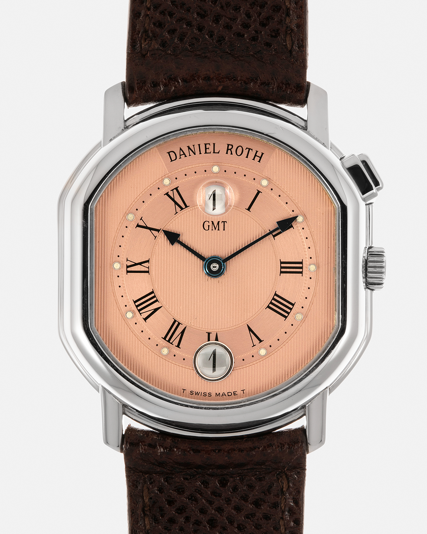 Brand: Daniel Roth
Year: 1990’s
Model: GMT Salmon
Material: Stainless Steel
Movement: Heavily-Modified Girard Perregaux Cal. GP3100, Self-Winding
Case Dimensions: 35mm x 38mm (Lug-to-Lug 41.5mm)
Lug Width: 20mm
Strap: JPM x S.SONG Dark Brown Textured Calf Leather Strap with Signed Stainless Steel Deployant Clasp