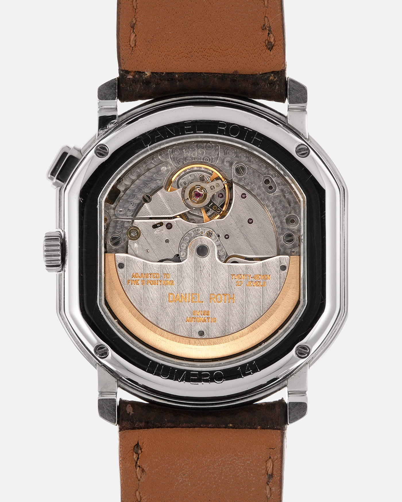 Brand: Daniel Roth
Year: 1990’s
Model: GMT Salmon
Material: Stainless Steel
Movement: Heavily-Modified Girard Perregaux Cal. GP3100, Self-Winding
Case Dimensions: 35mm x 38mm (Lug-to-Lug 41.5mm)
Lug Width: 20mm
Strap: JPM x S.SONG Dark Brown Textured Calf Leather Strap with Signed Stainless Steel Deployant Clasp