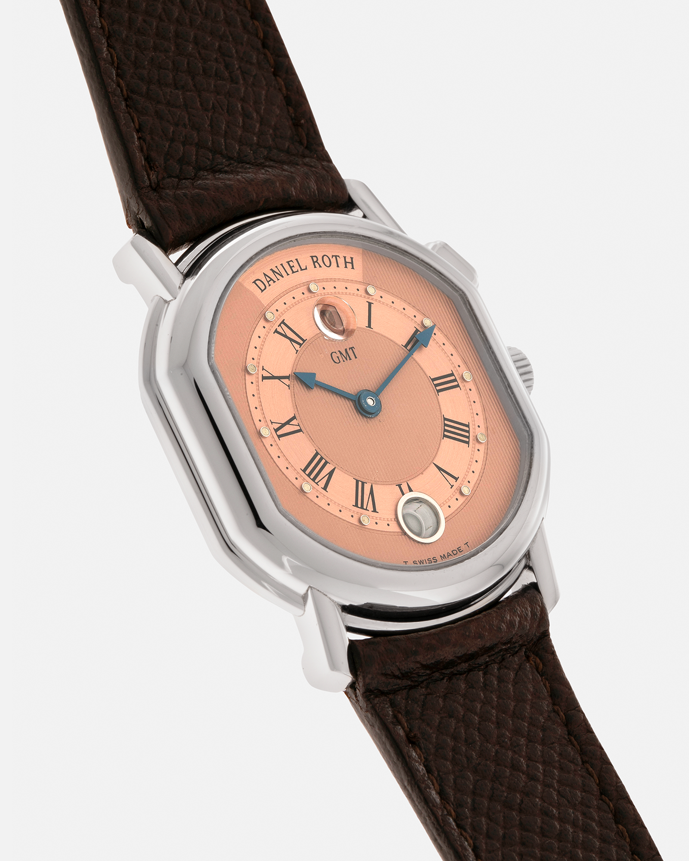 Brand: Daniel Roth
Year: 1990’s
Model: GMT Salmon
Material: Stainless Steel
Movement: Heavily-Modified Girard Perregaux Cal. GP3100, Self-Winding
Case Dimensions: 35mm x 38mm (Lug-to-Lug 41.5mm)
Lug Width: 20mm
Strap: JPM x S.SONG Dark Brown Textured Calf Leather Strap with Signed Stainless Steel Deployant Clasp