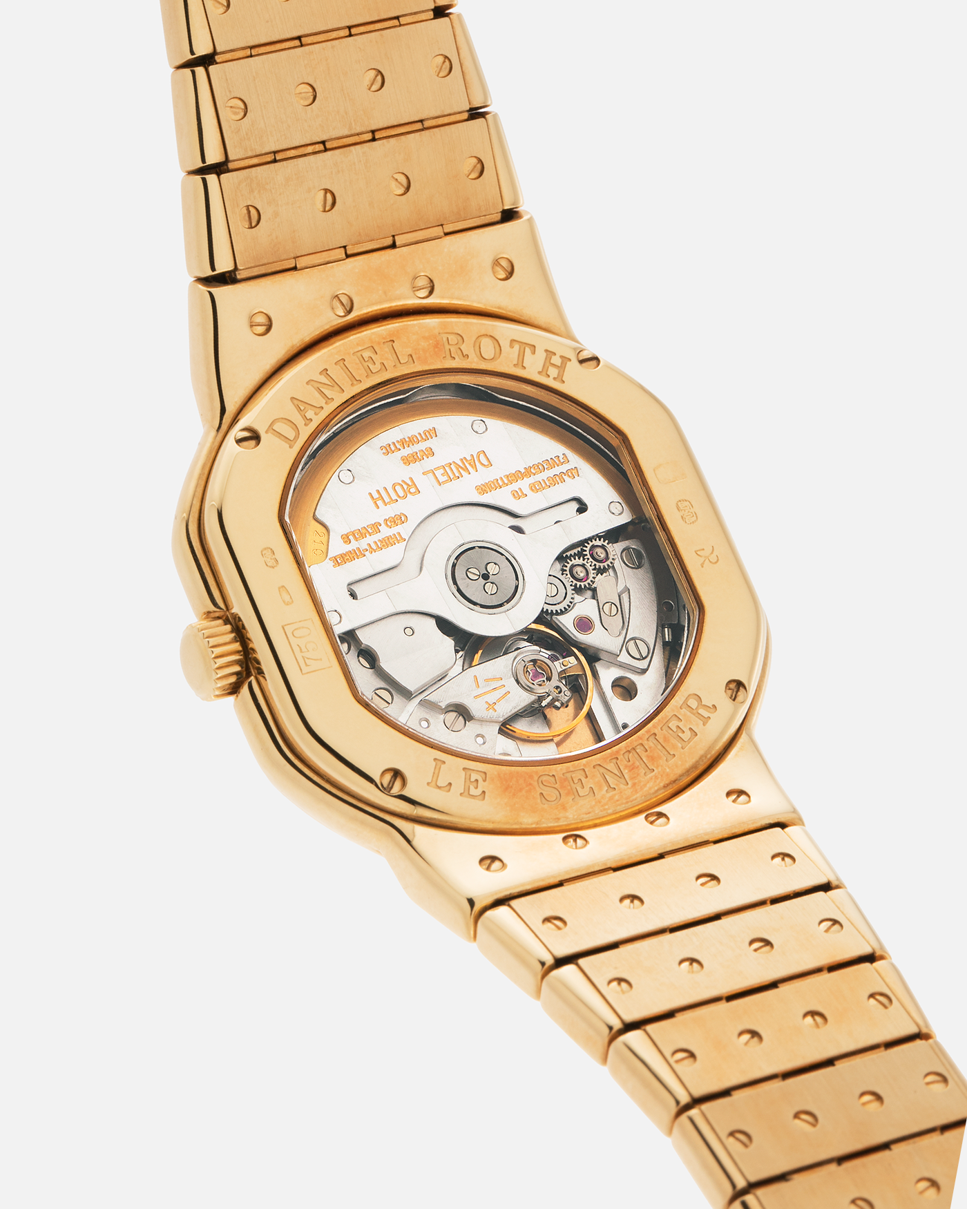 Brand: Daniel Roth
Year: Mid- to late 1990’s
Model: S177 Le Sentier
Material: 18k Yellow Gold
Movement: Jaeger-LeCoultre Calibre 889/1
Case Diameter: 35mm x 38mm
Lug Width: 20mm
Strap: Integrated 18k Yellow Gold Daniel Roth ‘Lego’ Bracelet