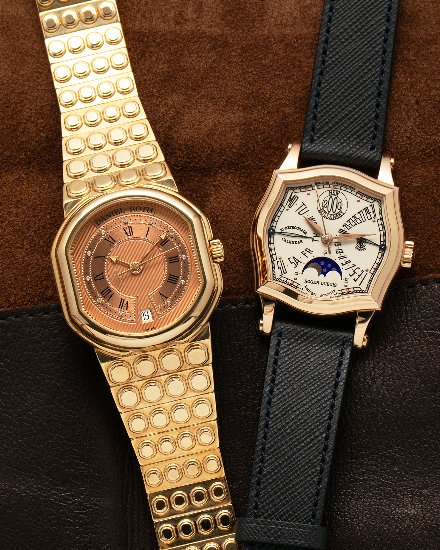 Brand: Daniel Roth
Year: Mid- to late 1990’s
Model: S177 Le Sentier
Material: 18k Yellow Gold
Movement: Jaeger-LeCoultre Calibre 889/1
Case Diameter: 35mm x 38mm
Lug Width: 20mm
Strap: Integrated 18k Yellow Gold Daniel Roth ‘Lego’ Bracelet