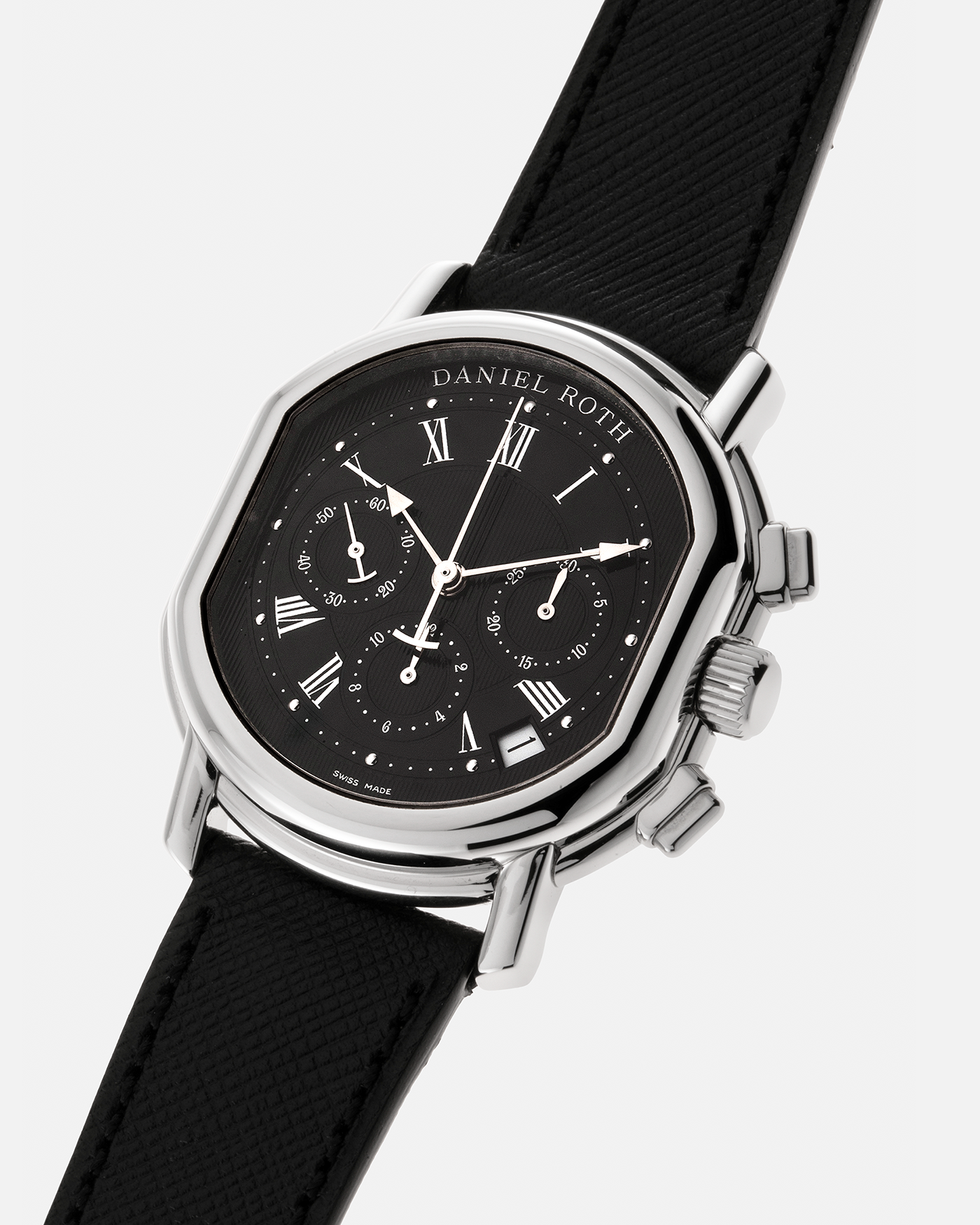 Brand: Daniel Roth Year: Late 1990’s Model: Masters Chronograph S247 Material: Stainless Steel Movement: Zenith El Primero Cal. 400, Self-Winding Case Diameter: 38.5mm x 41.5mm Strap: Molequin Black Grained Calf and Daniel Roth Stainless Steel Tang Buckle