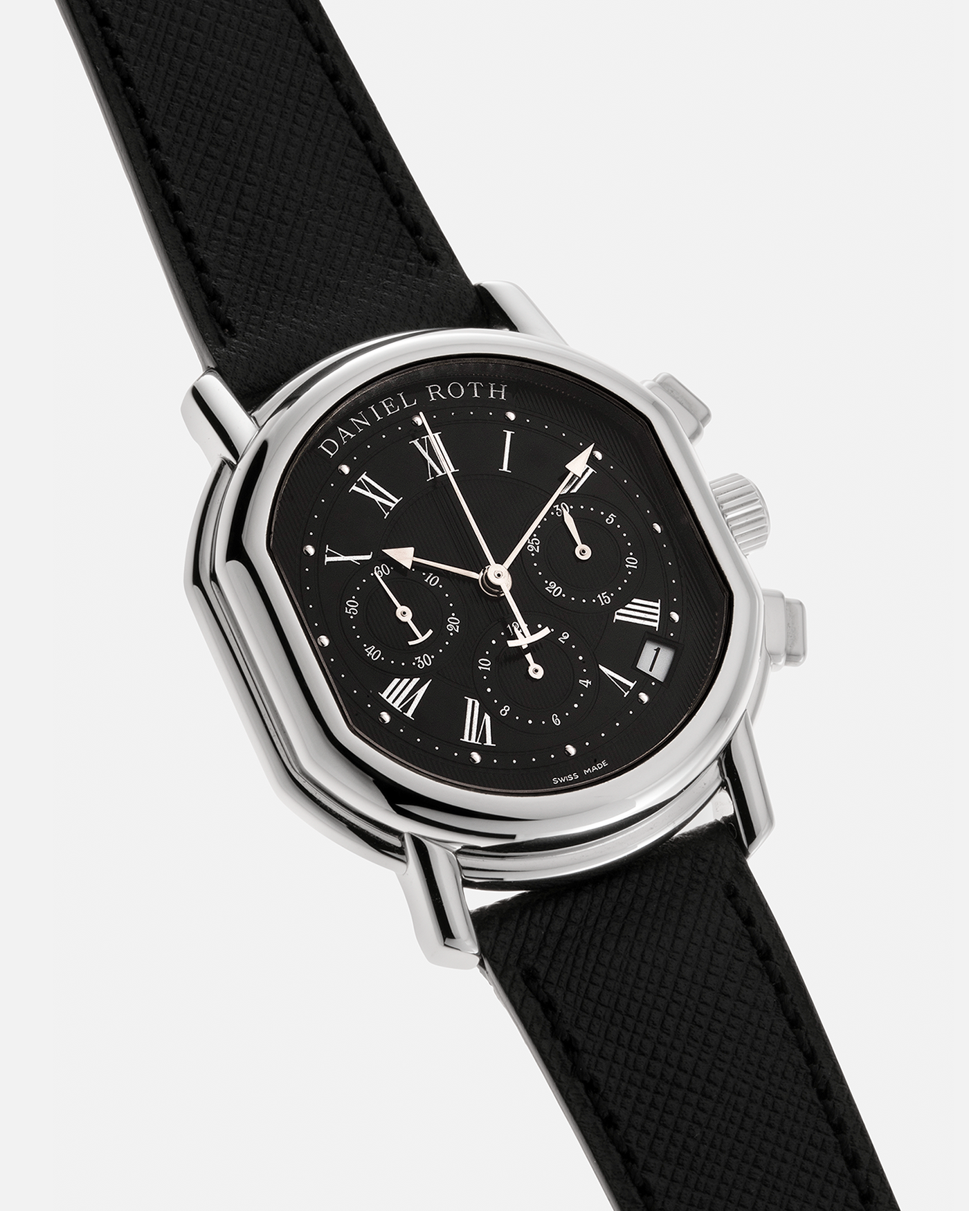 Brand: Daniel Roth Year: Late 1990’s Model: Masters Chronograph S247 Material: Stainless Steel Movement: Zenith El Primero Cal. 400, Self-Winding Case Diameter: 38.5mm x 41.5mm Strap: Molequin Black Grained Calf and Daniel Roth Stainless Steel Tang Buckle