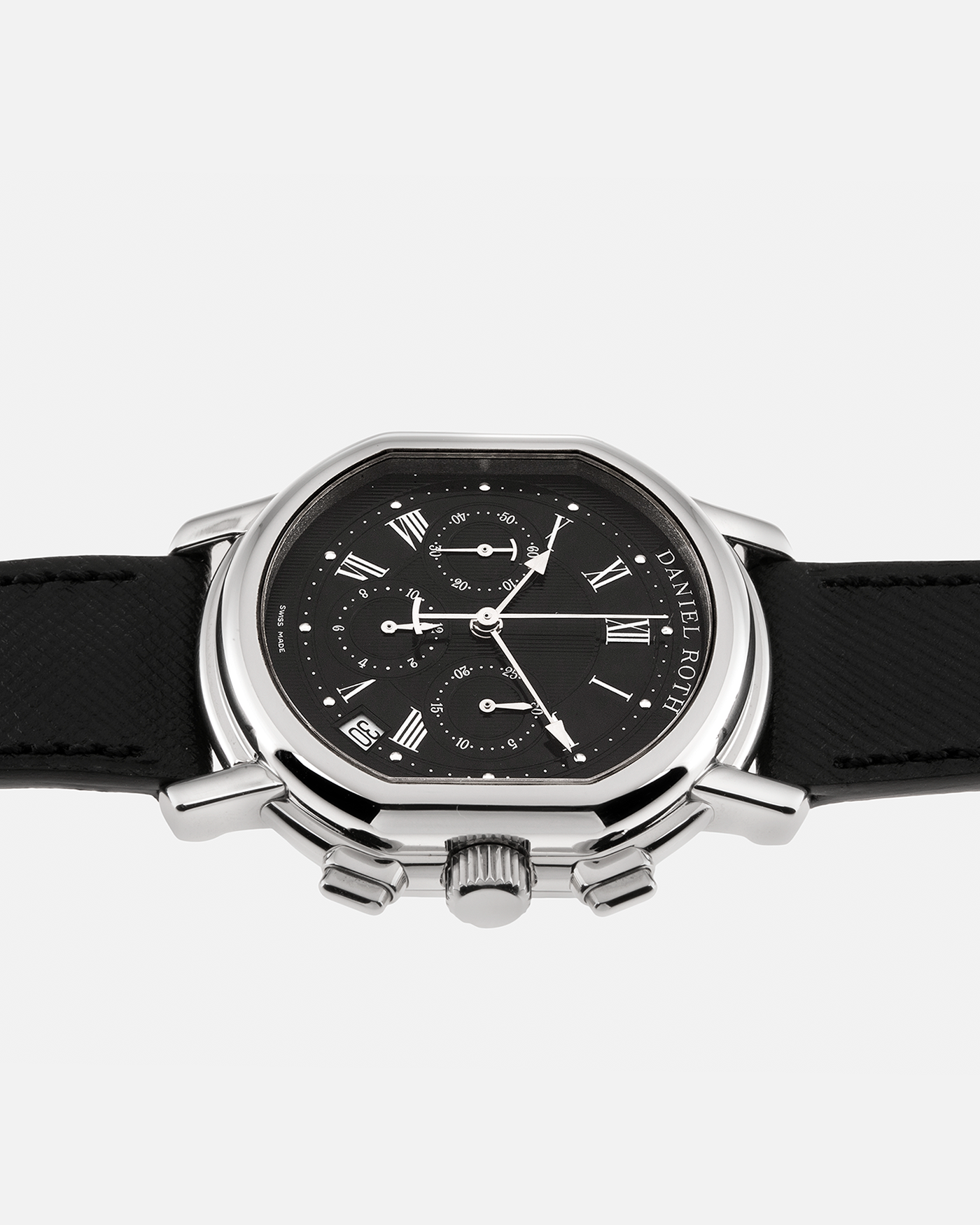 Brand: Daniel Roth Year: Late 1990’s Model: Masters Chronograph S247 Material: Stainless Steel Movement: Zenith El Primero Cal. 400, Self-Winding Case Diameter: 38.5mm x 41.5mm Strap: Molequin Black Grained Calf and Daniel Roth Stainless Steel Tang Buckle
