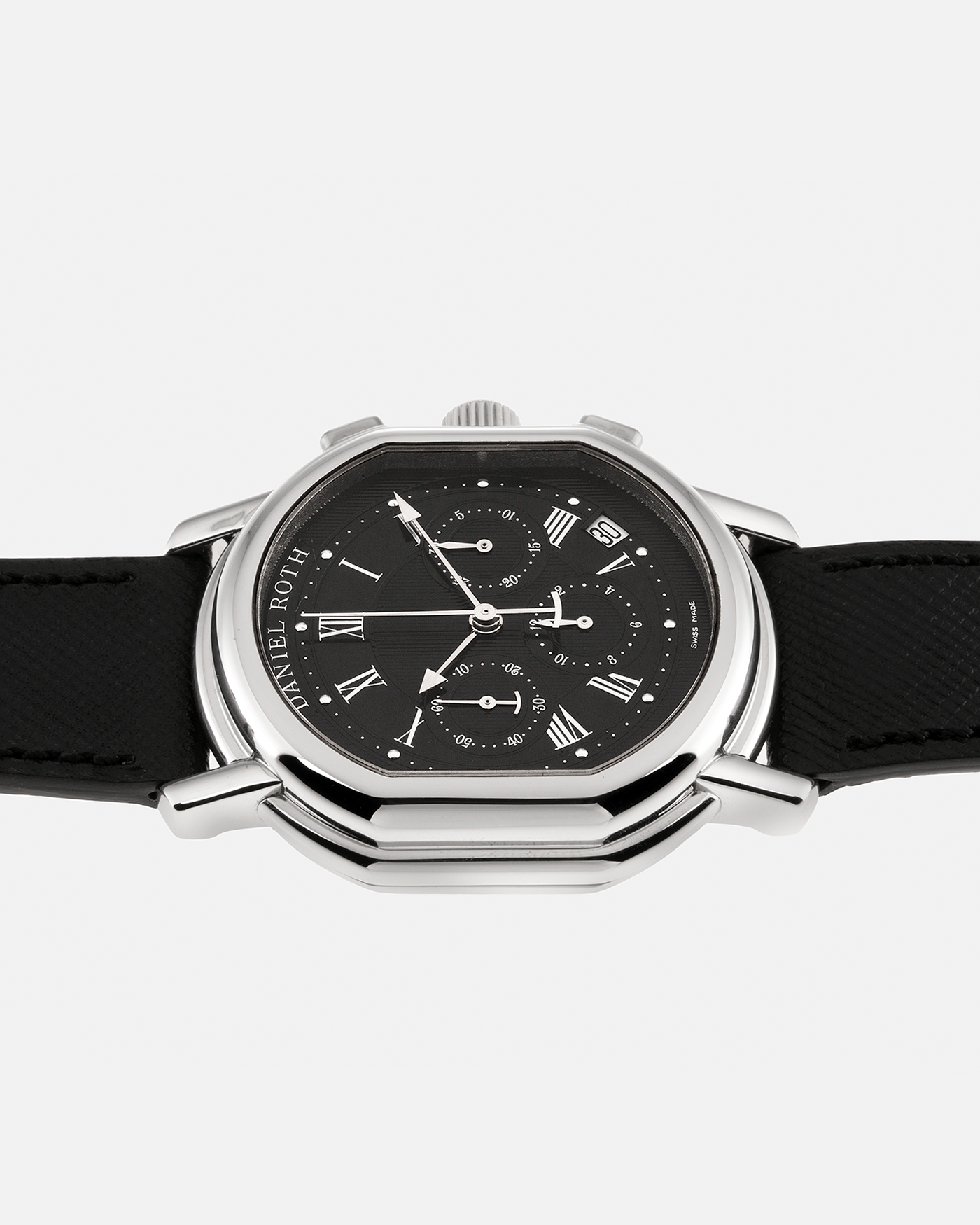 Brand: Daniel Roth Year: Late 1990’s Model: Masters Chronograph S247 Material: Stainless Steel Movement: Zenith El Primero Cal. 400, Self-Winding Case Diameter: 38.5mm x 41.5mm Strap: Molequin Black Grained Calf and Daniel Roth Stainless Steel Tang Buckle