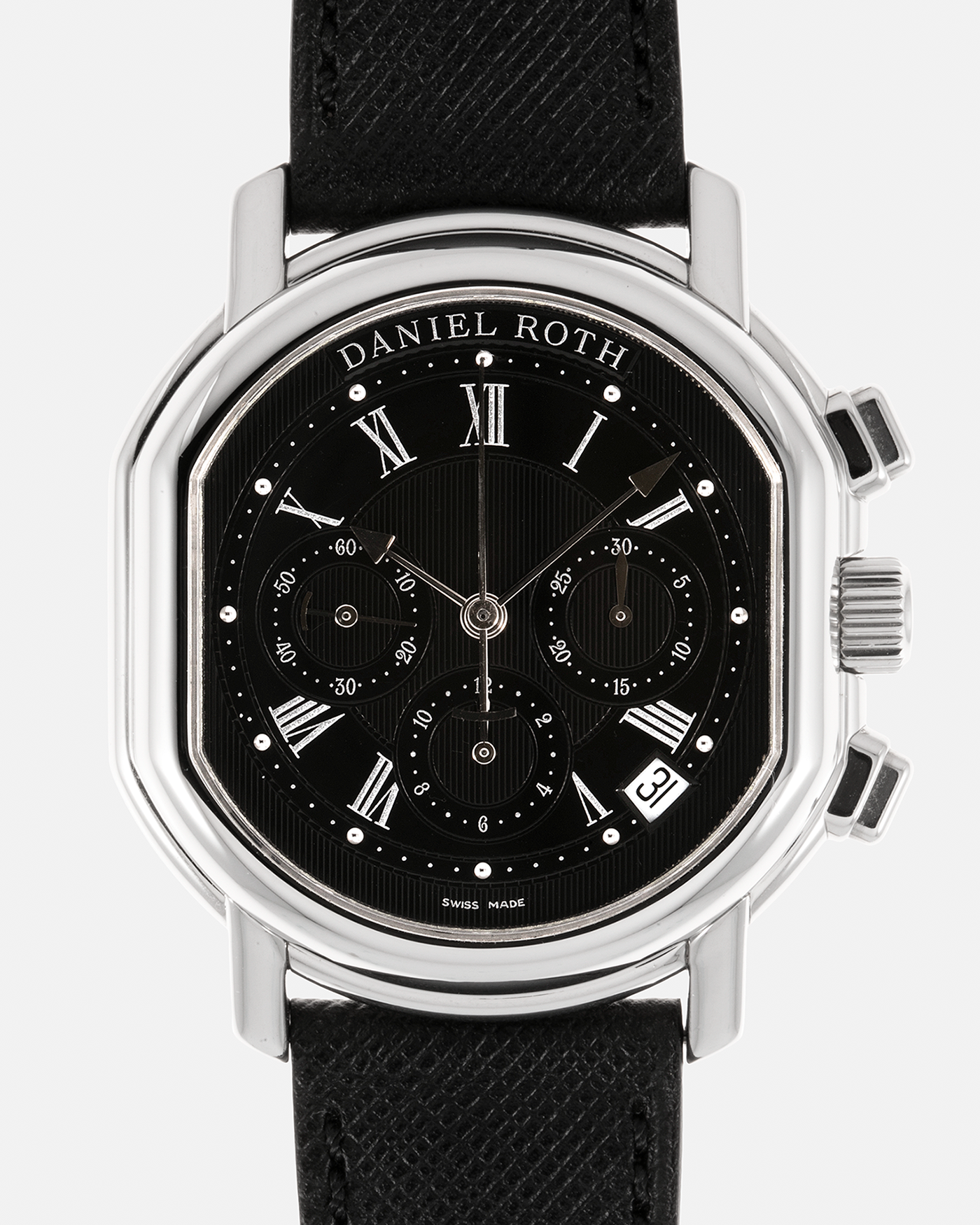 Brand: Daniel Roth Year: Late 1990’s Model: Masters Chronograph S247 Material: Stainless Steel Movement: Zenith El Primero Cal. 400, Self-Winding Case Diameter: 38.5mm x 41.5mm Strap: Molequin Black Grained Calf and Daniel Roth Stainless Steel Tang Buckle