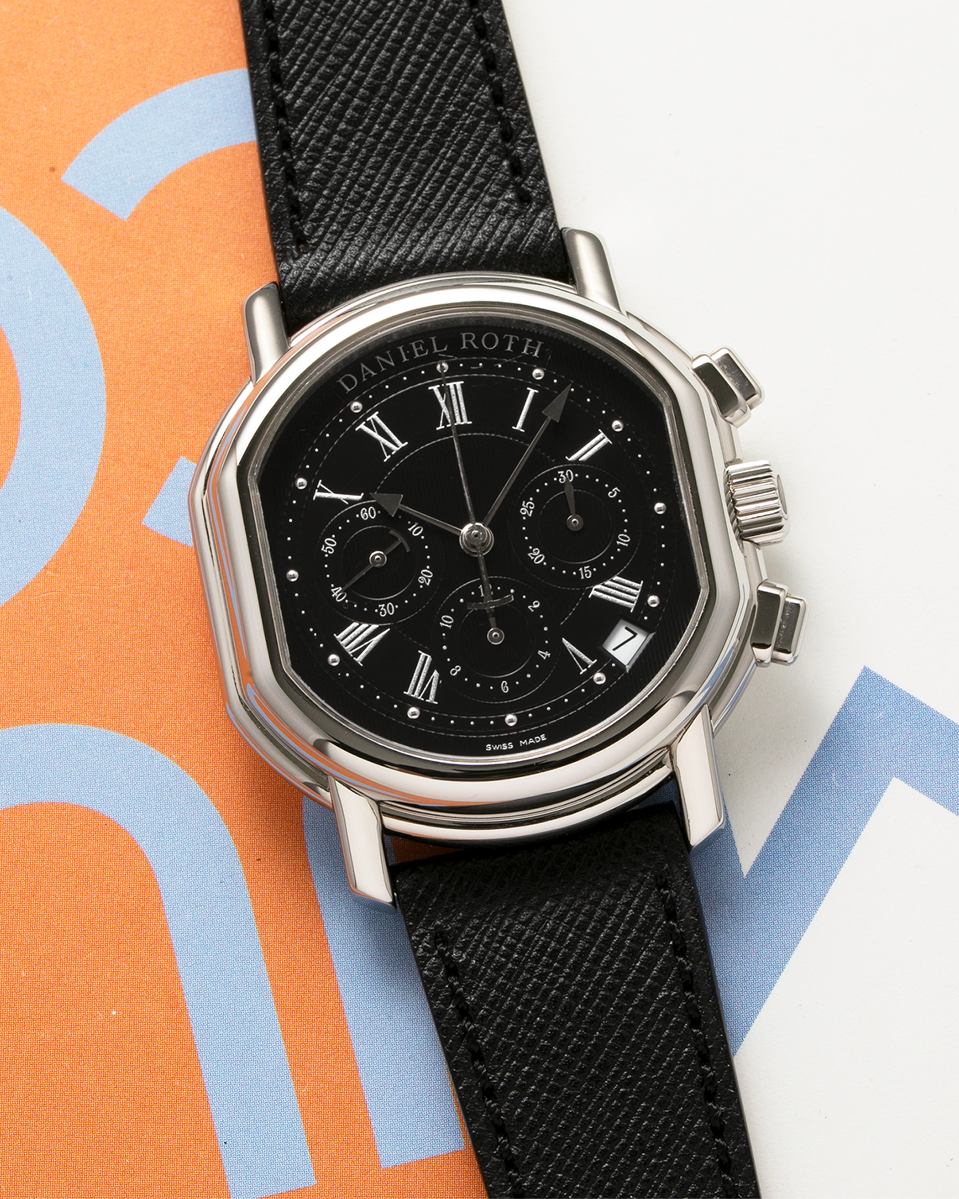 Brand: Daniel Roth Year: Late 1990’s Model: Masters Chronograph S247 Material: Stainless Steel Movement: Zenith El Primero Cal. 400, Self-Winding Case Diameter: 38.5mm x 41.5mm Strap: Molequin Black Grained Calf and Daniel Roth Stainless Steel Tang Buckle