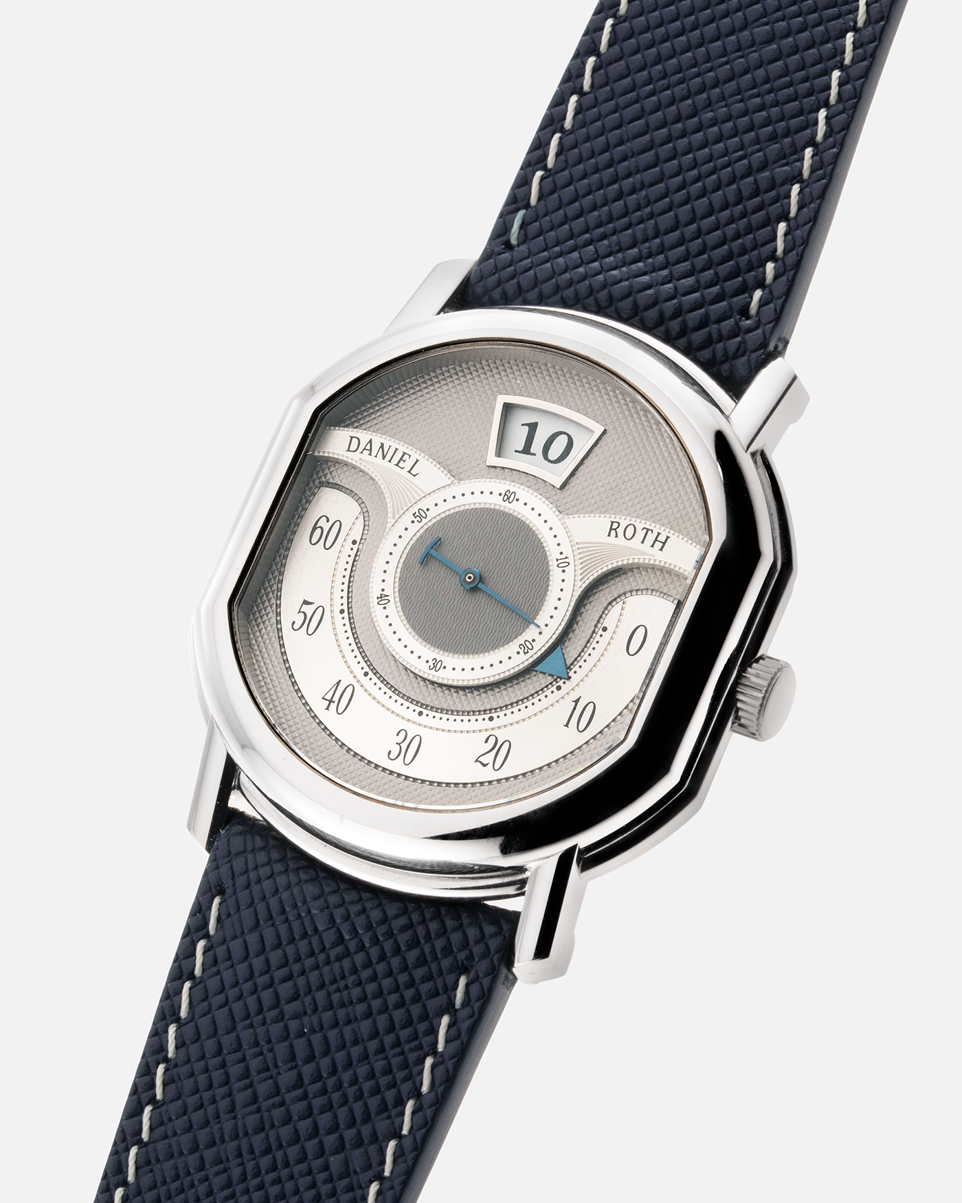 Brand: Daniel Roth Year: 1999 Model: 10th Anniversary Papillon, Limited Edition (White Gold in 110 pieces) Material: 18-carat White Gold Movement: Daniel Roth Cal. DR113, Self-Winding Case Diameter: 35mm x 41mm x 11mm Bracelet/Strap: Navy Blue Saffiano Leather Strap with Signed 18-carat White Gold Tang Buckle