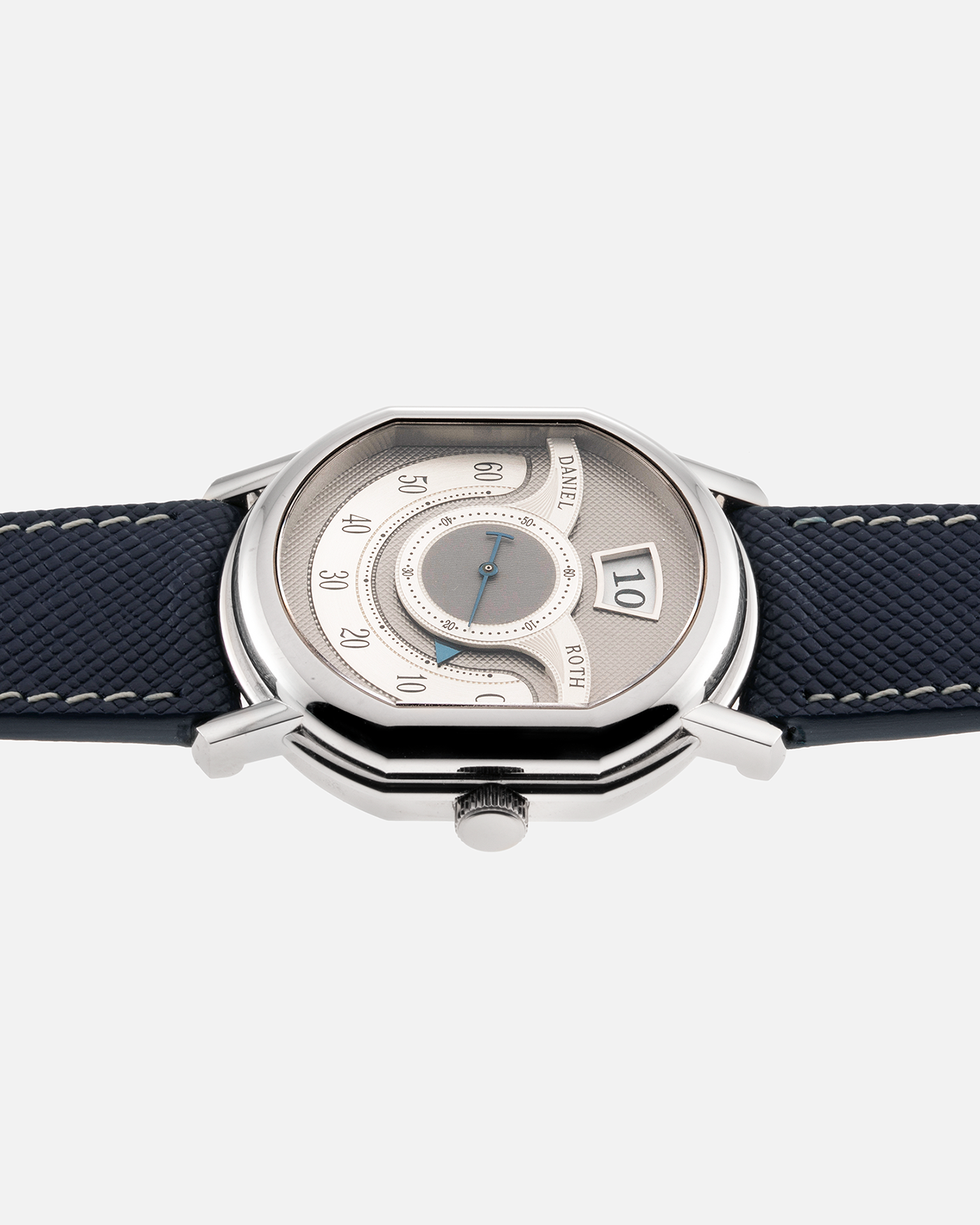 Brand: Daniel Roth Year: 1999 Model: 10th Anniversary Papillon, Limited Edition (White Gold in 110 pieces) Material: 18-carat White Gold Movement: Daniel Roth Cal. DR113, Self-Winding Case Diameter: 35mm x 41mm x 11mm Bracelet/Strap: Navy Blue Saffiano Leather Strap with Signed 18-carat White Gold Tang Buckle
