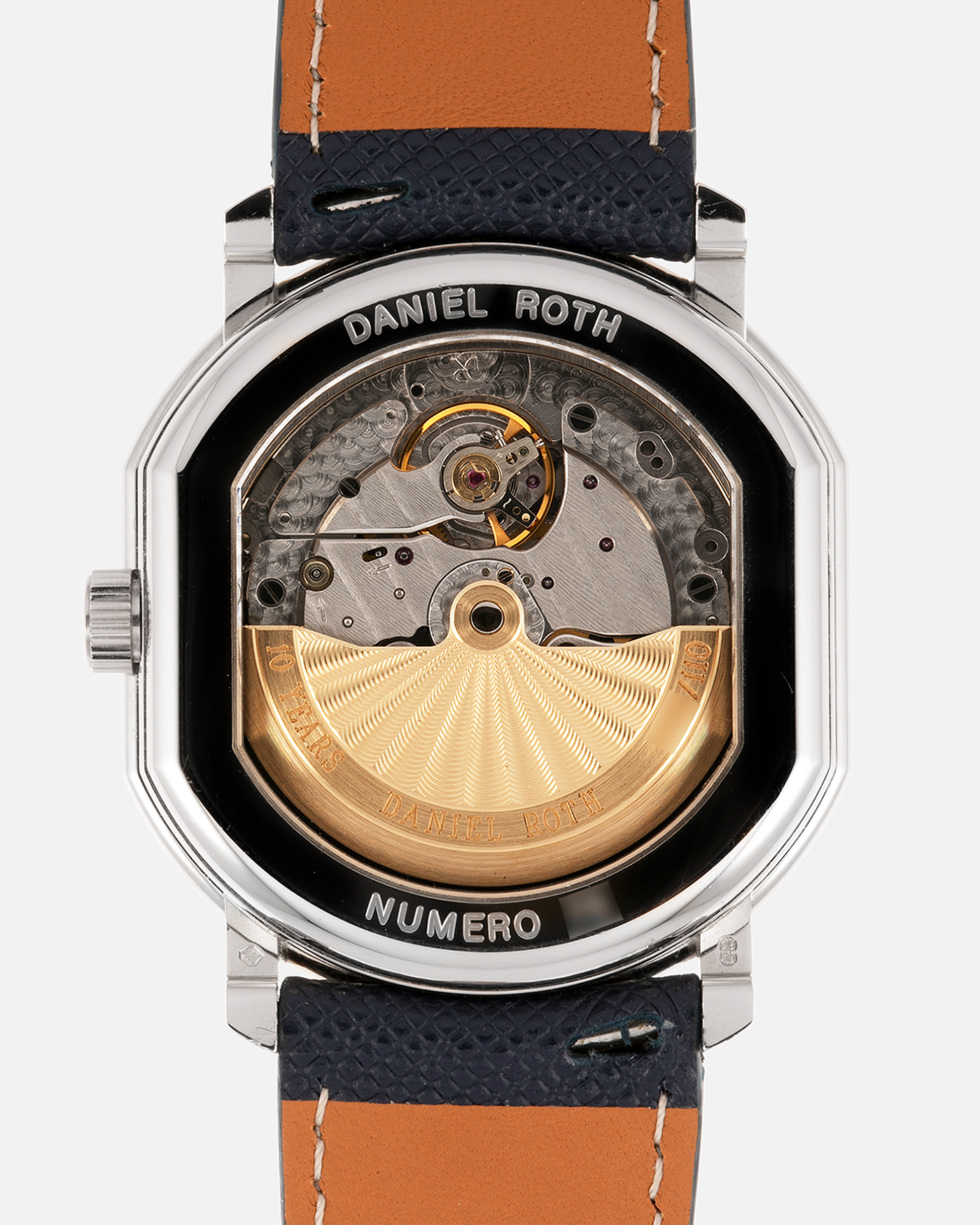 Brand: Daniel Roth Year: 1999 Model: 10th Anniversary Papillon, Limited Edition (White Gold in 110 pieces) Material: 18-carat White Gold Movement: Daniel Roth Cal. DR113, Self-Winding Case Diameter: 35mm x 41mm x 11mm Bracelet/Strap: Navy Blue Saffiano Leather Strap with Signed 18-carat White Gold Tang Buckle