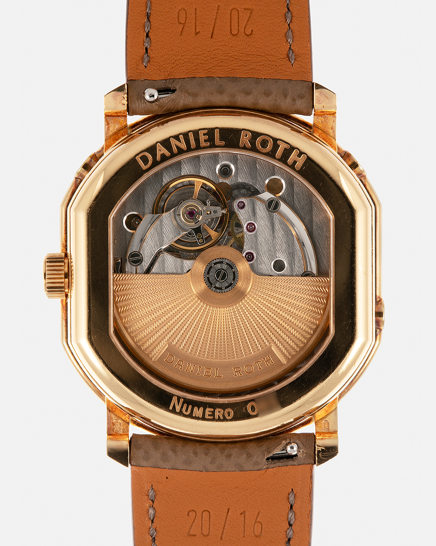 Brand: Daniel Roth
Year: Early 1990’s
Model: 2117 Perpetual Calendar (First Generation)
Material: 18-carat Yellow Gold
Movement: Daniel Roth Cal. DR117 (Based on Lemania Cal. 8810), Self-Winding
Case Dimensions: 35mm x 38mm (Lug-to-Lug 41mm)
Lug Width: 20mm
Strap: Nostime Taupe Brown Textured Calf Leather Strap with Signed 18-carat Yellow Gold Tang Buckle