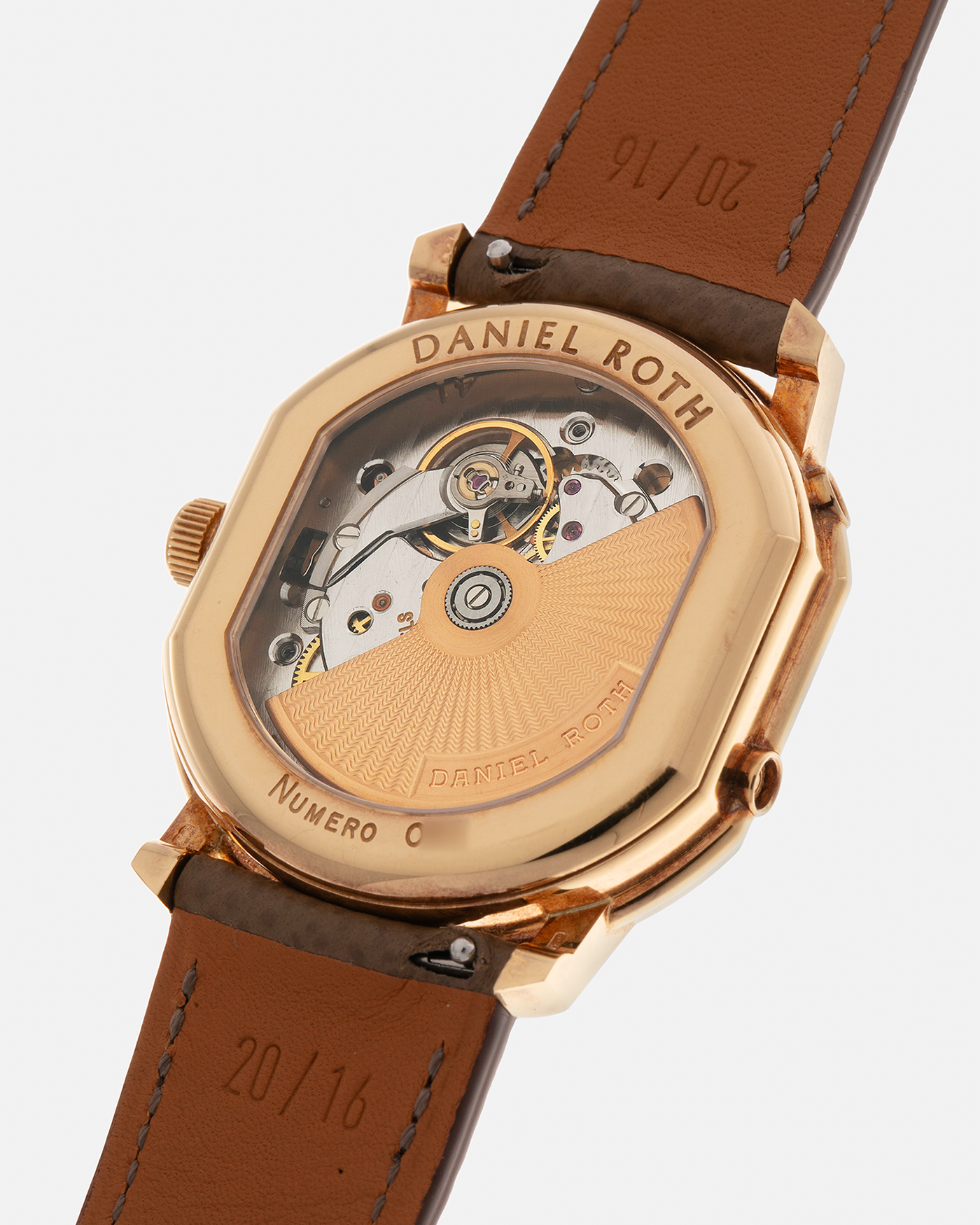 Brand: Daniel Roth
Year: Early 1990’s
Model: 2117 Perpetual Calendar (First Generation)
Material: 18-carat Yellow Gold
Movement: Daniel Roth Cal. DR117 (Based on Lemania Cal. 8810), Self-Winding
Case Dimensions: 35mm x 38mm (Lug-to-Lug 41mm)
Lug Width: 20mm
Strap: Nostime Taupe Brown Textured Calf Leather Strap with Signed 18-carat Yellow Gold Tang Buckle