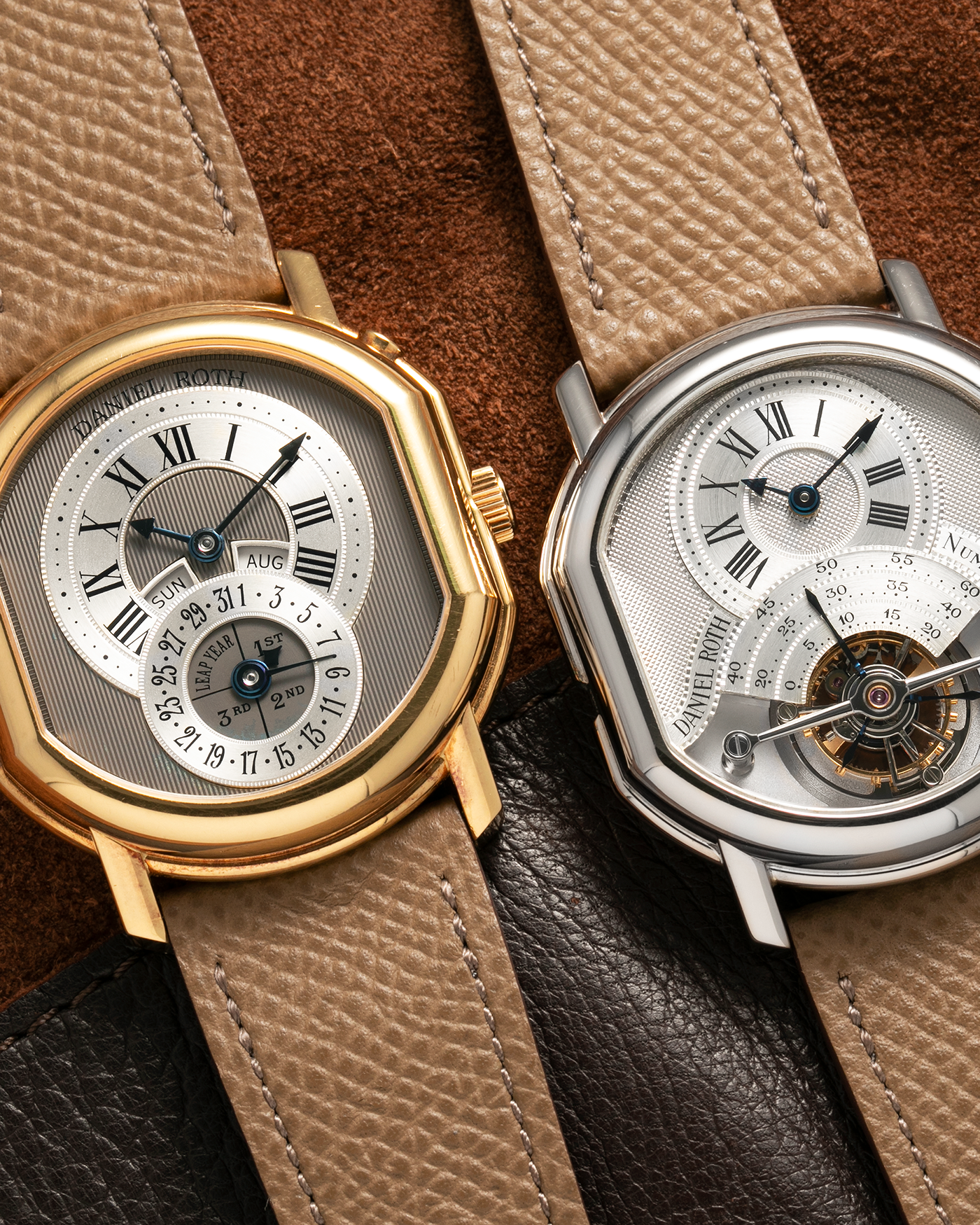 Brand: Daniel Roth
Year: Early 1990’s
Model: 2117 Perpetual Calendar (First Generation)
Material: 18-carat Yellow Gold
Movement: Daniel Roth Cal. DR117 (Based on Lemania Cal. 8810), Self-Winding
Case Dimensions: 35mm x 38mm (Lug-to-Lug 41mm)
Lug Width: 20mm
Strap: Nostime Taupe Brown Textured Calf Leather Strap with Signed 18-carat Yellow Gold Tang Buckle