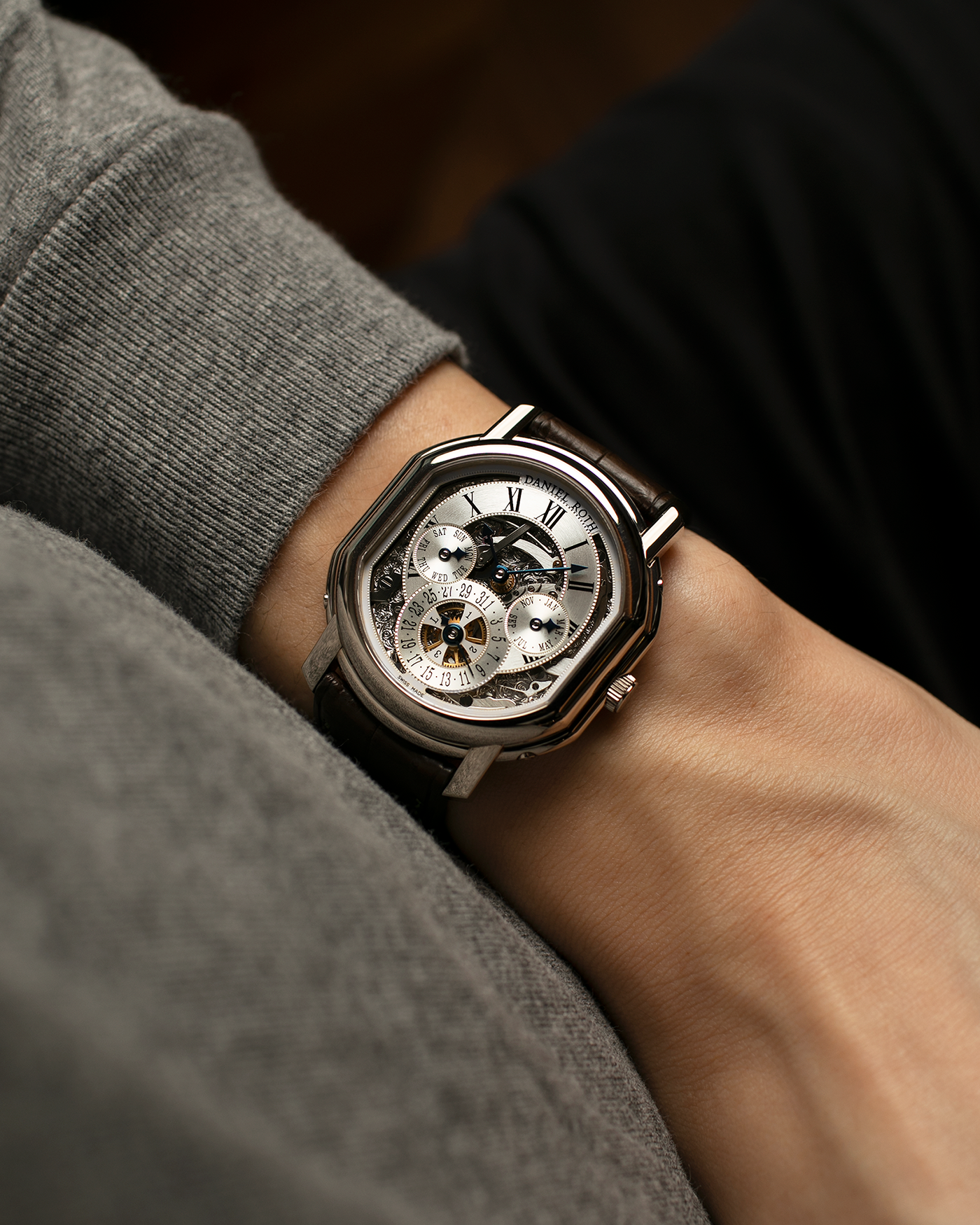 Brand: Daniel Roth
Year: 1990’s
Model: Perpetual Calendar Skeleton
Reference: 119.X.60
Material: 18-carat White Gold
Movement: Daniel Roth Cal. DR114 (Based on Girard-Perregaux GP3000), Self-Winding
Case Dimensions: 41mm (Including Lugs) x 38mm x 9.8mm
Lug Width: 20mm
Straps: Custom Dark Brown Alligator Leather Strap with Signed 18-carat White Gold Tang Buckle, with extra Daniel Roth Black Alligator Leather Strap