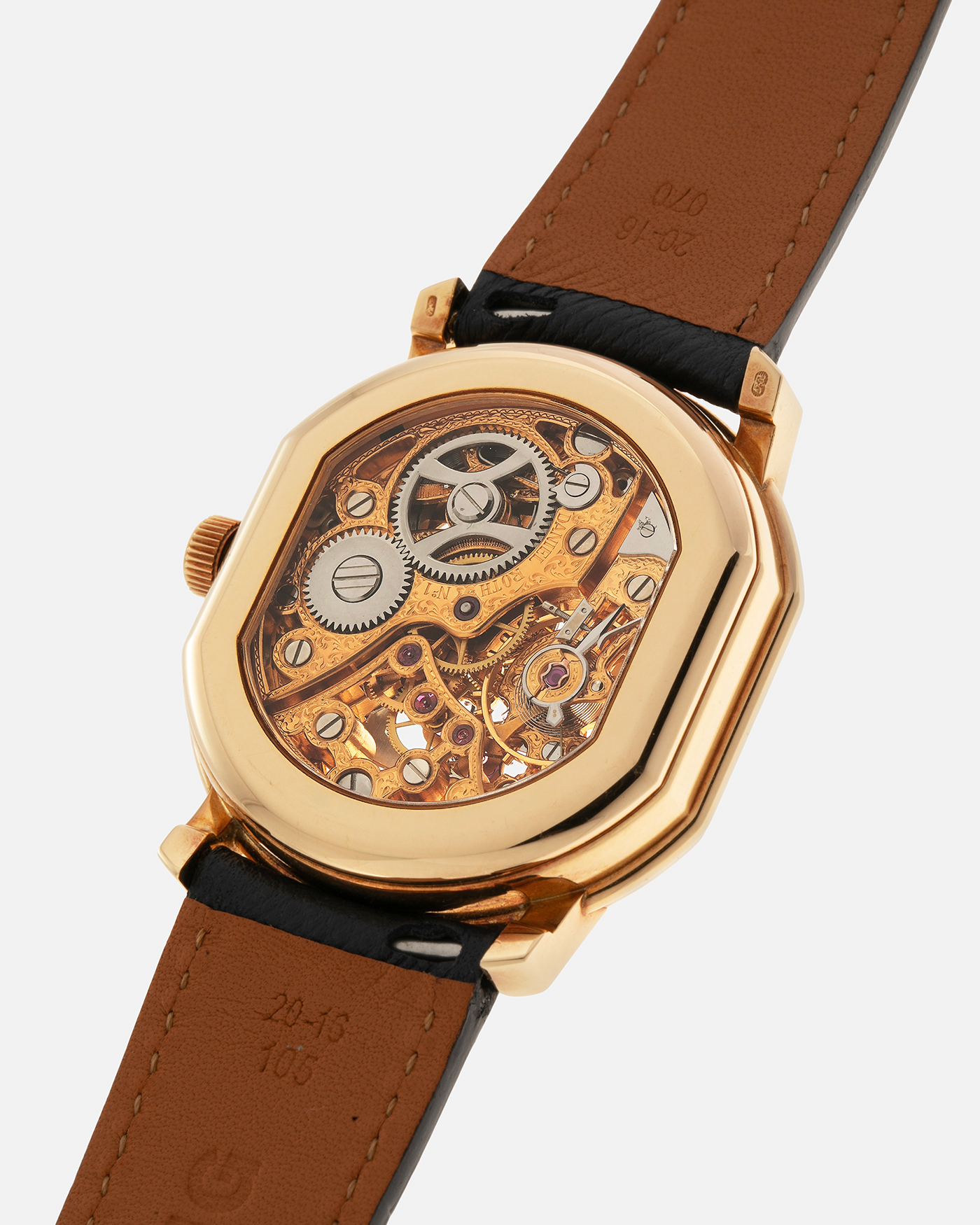 Brand: Daniel Roth
Year: 1990’s
Model: 2127 Retrograde Skeleton
Material: 18-carat Yellow Gold
Movement: Lemania Cal. 27LN with Retrograde Function, Manual-Winding
Case Diameter: 35mm x 38mm (41mm Lug-to-Lug)
Lug Width: 20mm
Strap: Molequin Navy Blue Grained Calf Strap with Signed 18-carat Yellow Gold Tang Buckle