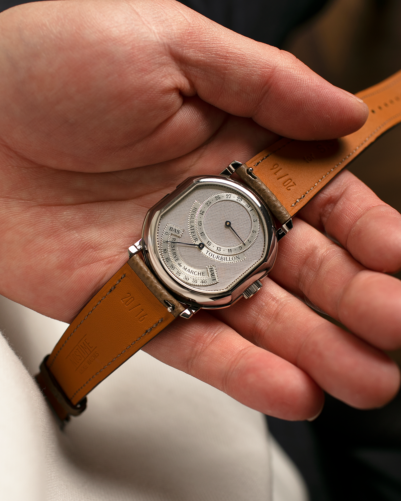 Brand: Daniel Roth
Year: Early 1990’s
Model: 2187 Régulateur Tourbillon Clou De Paris Guilloché (First Generation)
Material: 18-carat White Gold
Movement: Daniel Roth Cal. DR 307 One-Minute Tourbillon (Based on Lemania Cal. 387 Ébauche), Manual-Winding
Case Dimensions: 35mm x 38mm (Lug-to-Lug 41mm)
Lug Width: 20mm
Strap: Nostime Taupe Brown Textured Calf Leather Strap