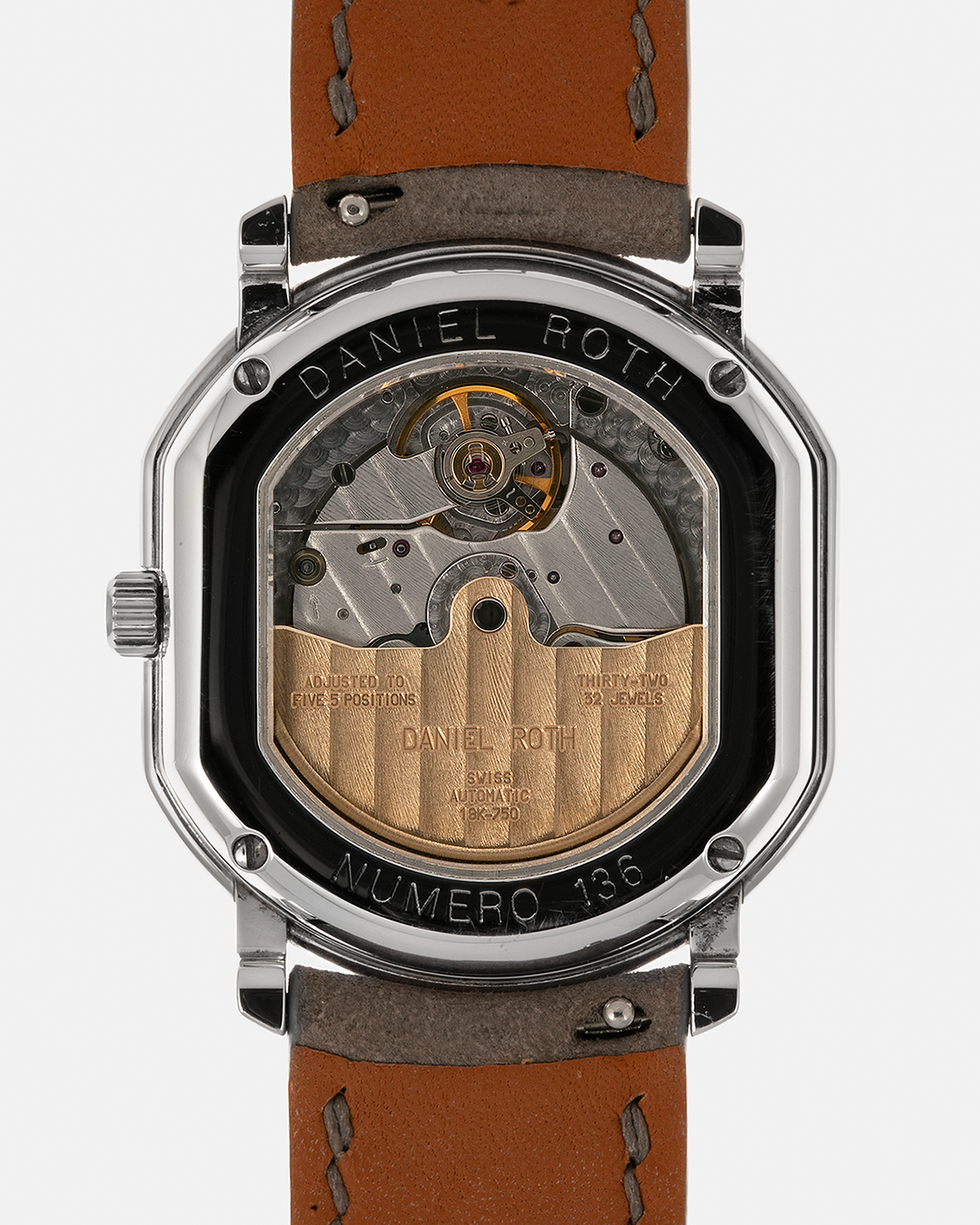 Brand: Daniel Roth
Year: 1990’s
Model: Seconds at Six
Material: Stainless Steel
Movement: Daniel Roth Cal. DR111 (Girard Perregaux-based), Self-Winding
Case Dimensions: 35mm x 32mm (Lug-to-Lug 41mm)
Lug Width: 20mm
Strap: Strapology Taupe Calf Leather Strap with Signed Stainless Steel Tang Buckle