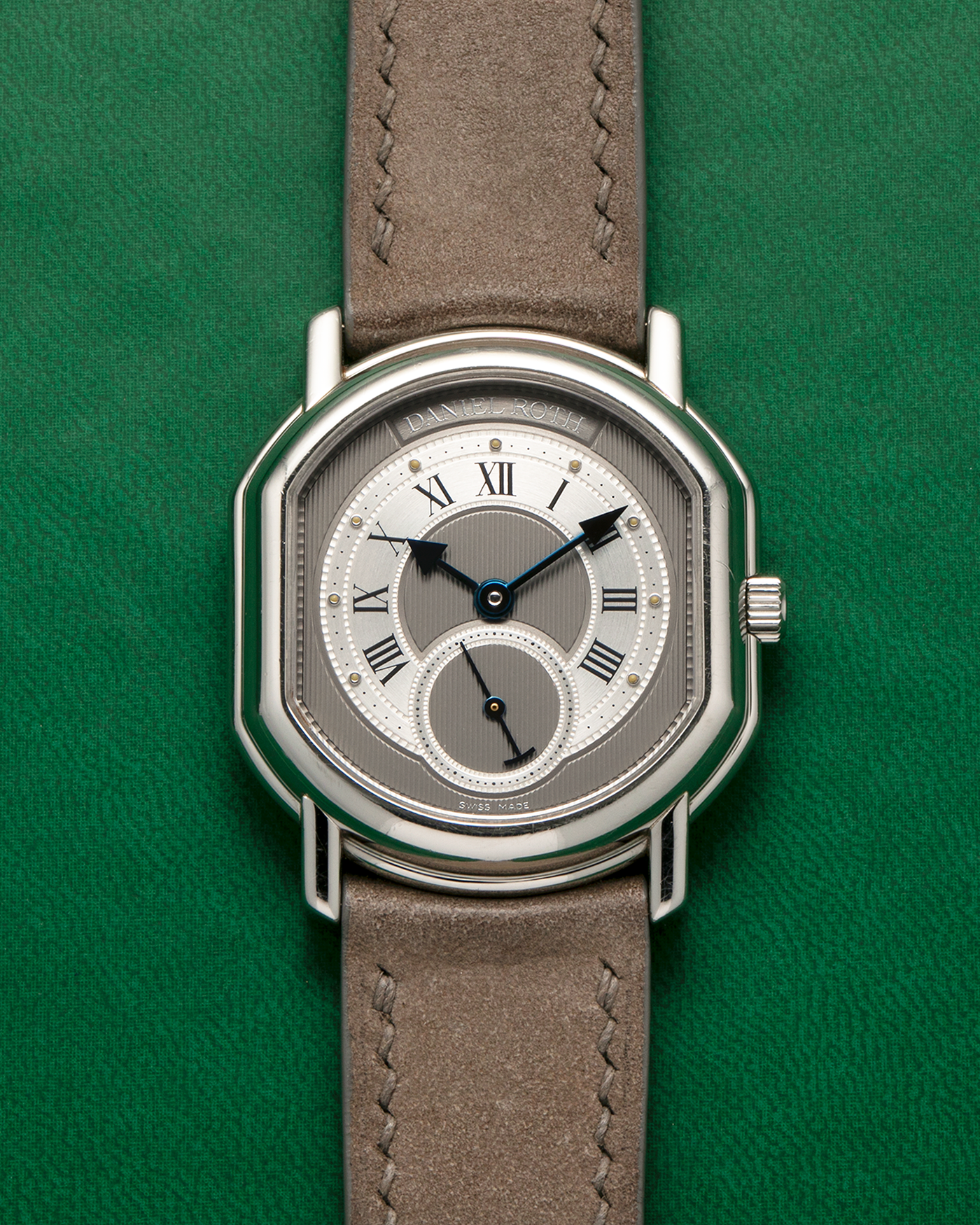 Brand: Daniel Roth
Year: 1990’s
Model: Seconds at Six
Material: Stainless Steel
Movement: Daniel Roth Cal. DR111 (Girard Perregaux-based), Self-Winding
Case Dimensions: 35mm x 32mm (Lug-to-Lug 41mm)
Lug Width: 20mm
Strap: Strapology Taupe Calf Leather Strap with Signed Stainless Steel Tang Buckle