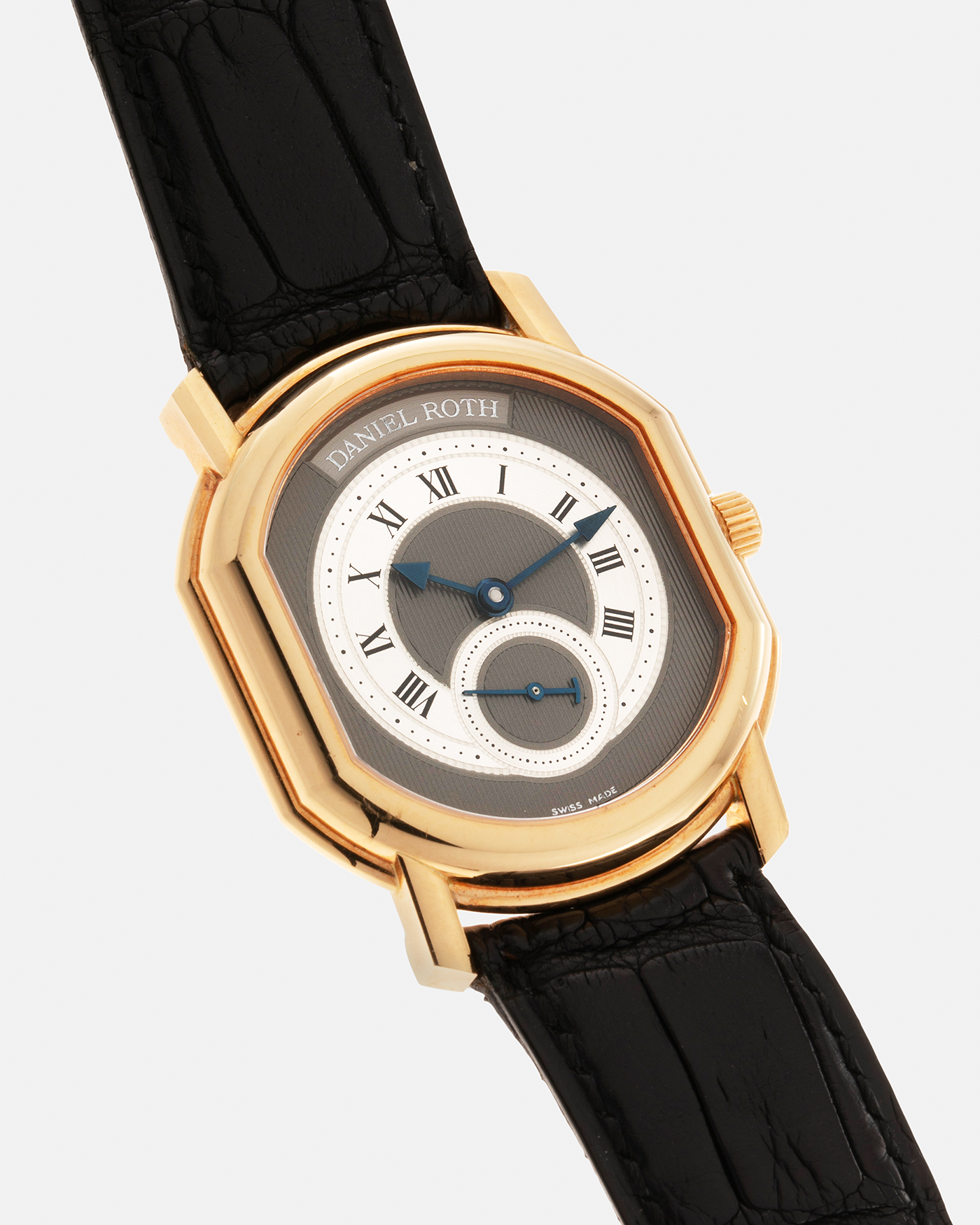 Brand: Daniel Roth Year: 1990’s Reference Number: 207/J1 Model: Seconds at Six Material: 18-carat Yellow Gold  Movement: Lemania Cal. 1918, Self-Winding Case Diameter: 35mm x 32mm Strap: Daniel Roth Black Alligator Leather Strap with Blancpain Signed 18-carat Yellow Gold Tang Buckle