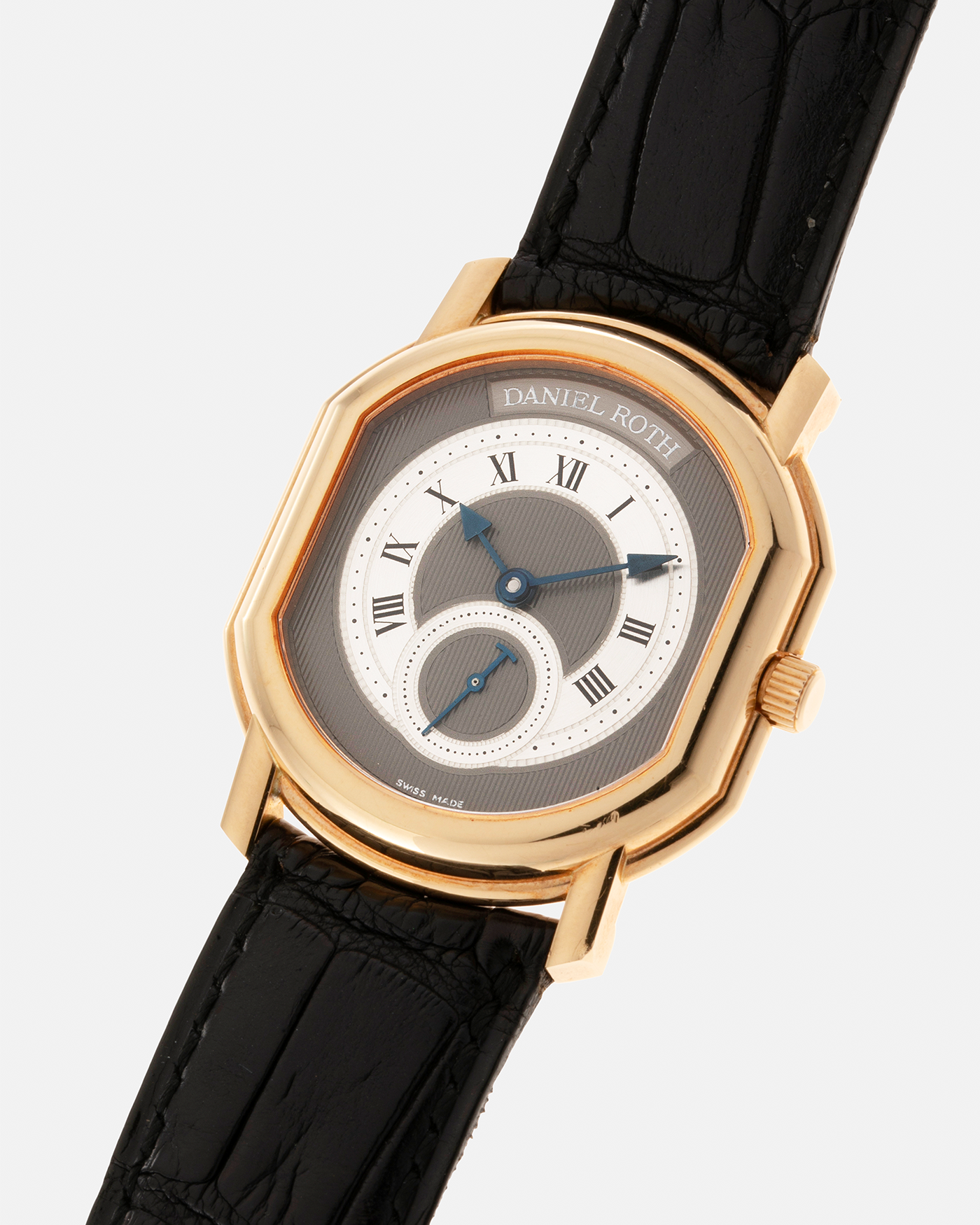 Brand: Daniel Roth Year: 1990’s Reference Number: 207/J1 Model: Seconds at Six Material: 18-carat Yellow Gold  Movement: Lemania Cal. 1918, Self-Winding Case Diameter: 35mm x 32mm Strap: Daniel Roth Black Alligator Leather Strap with Blancpain Signed 18-carat Yellow Gold Tang Buckle