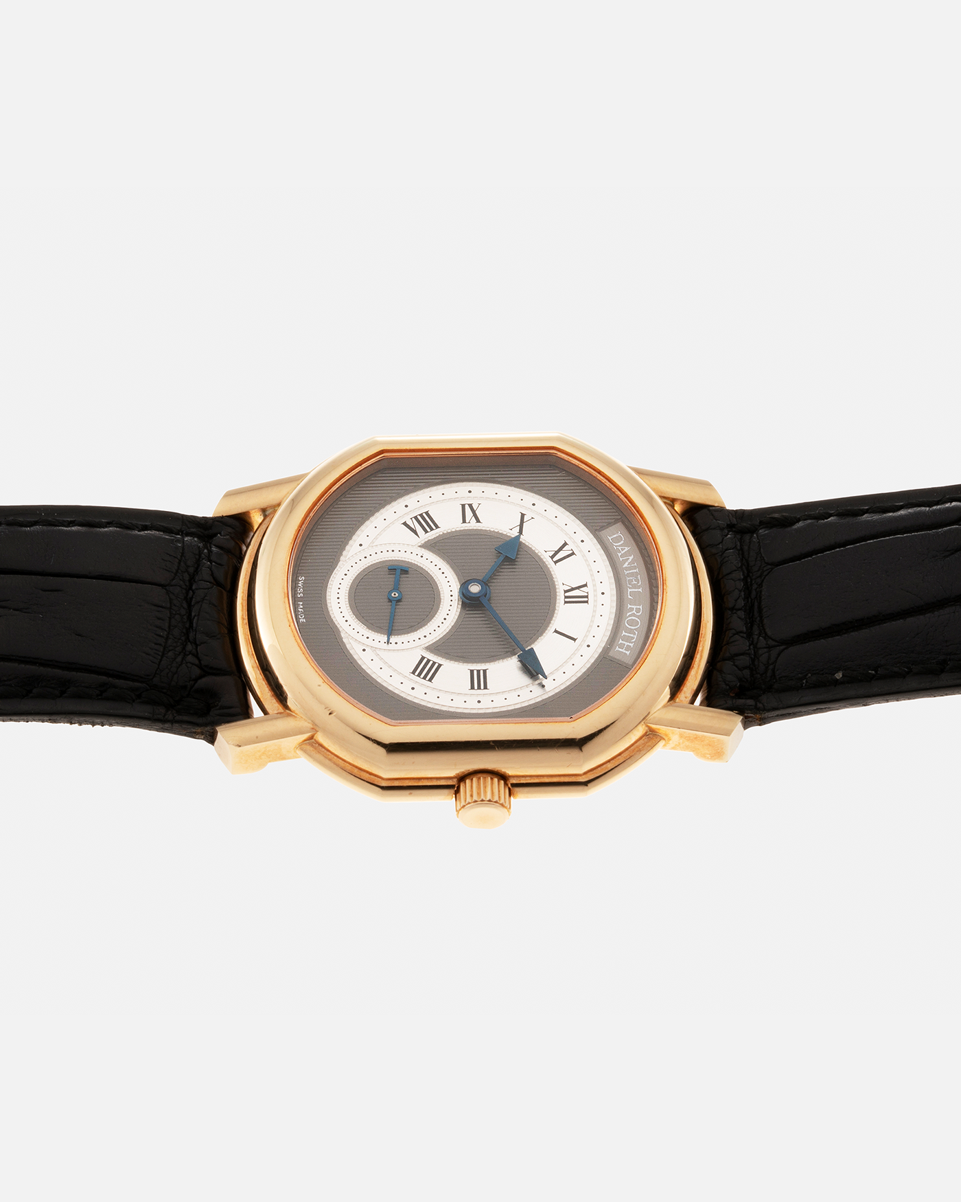 Brand: Daniel Roth Year: 1990’s Reference Number: 207/J1 Model: Seconds at Six Material: 18-carat Yellow Gold  Movement: Lemania Cal. 1918, Self-Winding Case Diameter: 35mm x 32mm Strap: Daniel Roth Black Alligator Leather Strap with Blancpain Signed 18-carat Yellow Gold Tang Buckle