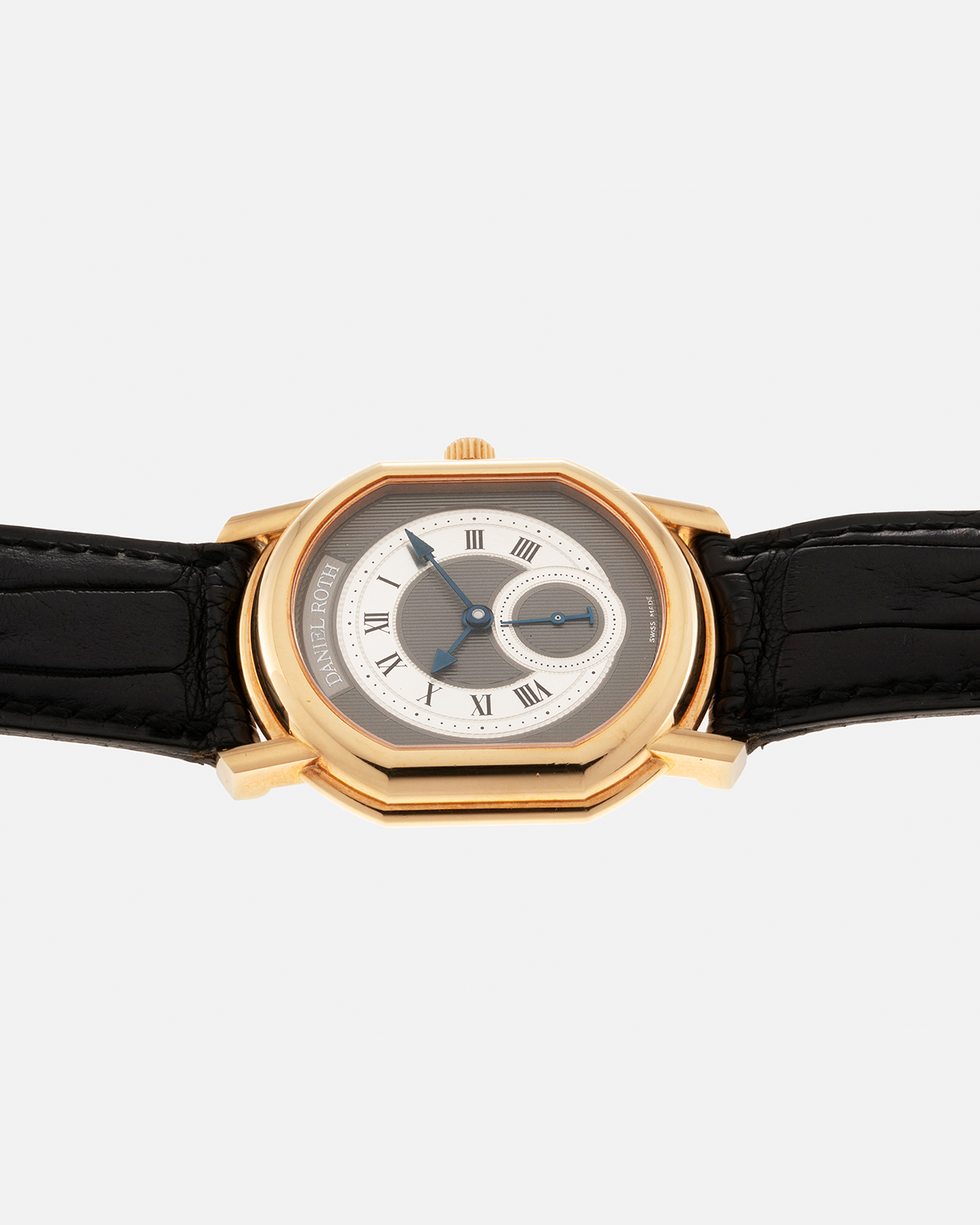 Brand: Daniel Roth Year: 1990’s Reference Number: 207/J1 Model: Seconds at Six Material: 18-carat Yellow Gold  Movement: Lemania Cal. 1918, Self-Winding Case Diameter: 35mm x 32mm Strap: Daniel Roth Black Alligator Leather Strap with Blancpain Signed 18-carat Yellow Gold Tang Buckle