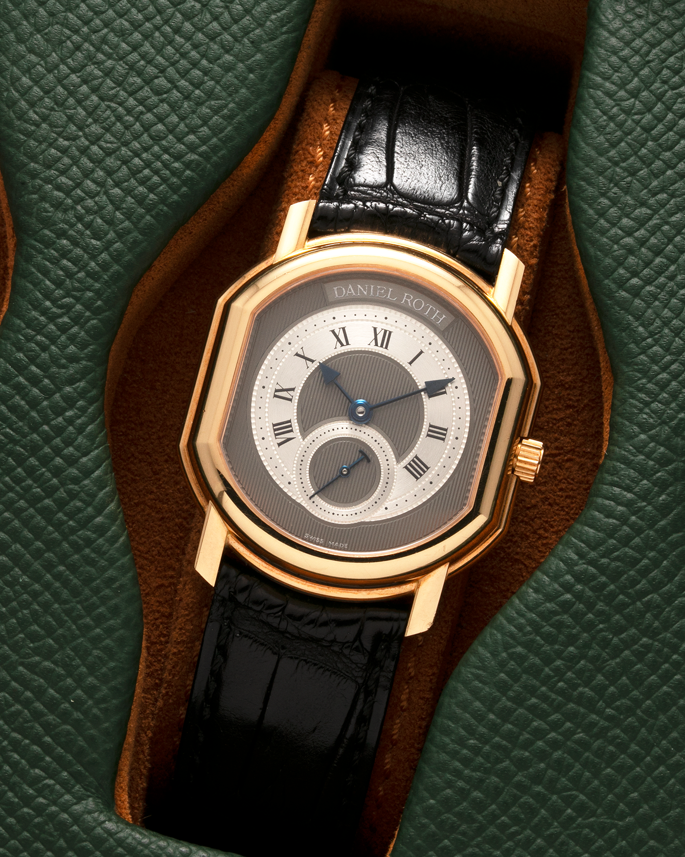 Brand: Daniel Roth Year: 1990’s Reference Number: 207/J1 Model: Seconds at Six Material: 18-carat Yellow Gold  Movement: Lemania Cal. 1918, Self-Winding Case Diameter: 35mm x 32mm Strap: Daniel Roth Black Alligator Leather Strap with Blancpain Signed 18-carat Yellow Gold Tang Buckle