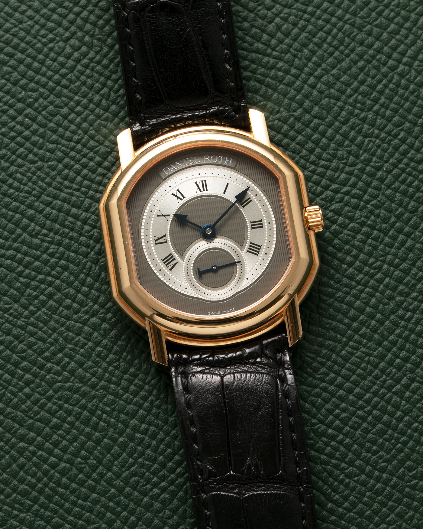 Brand: Daniel Roth Year: 1990’s Reference Number: 207/J1 Model: Seconds at Six Material: 18-carat Yellow Gold  Movement: Lemania Cal. 1918, Self-Winding Case Diameter: 35mm x 32mm Strap: Daniel Roth Black Alligator Leather Strap with Blancpain Signed 18-carat Yellow Gold Tang Buckle