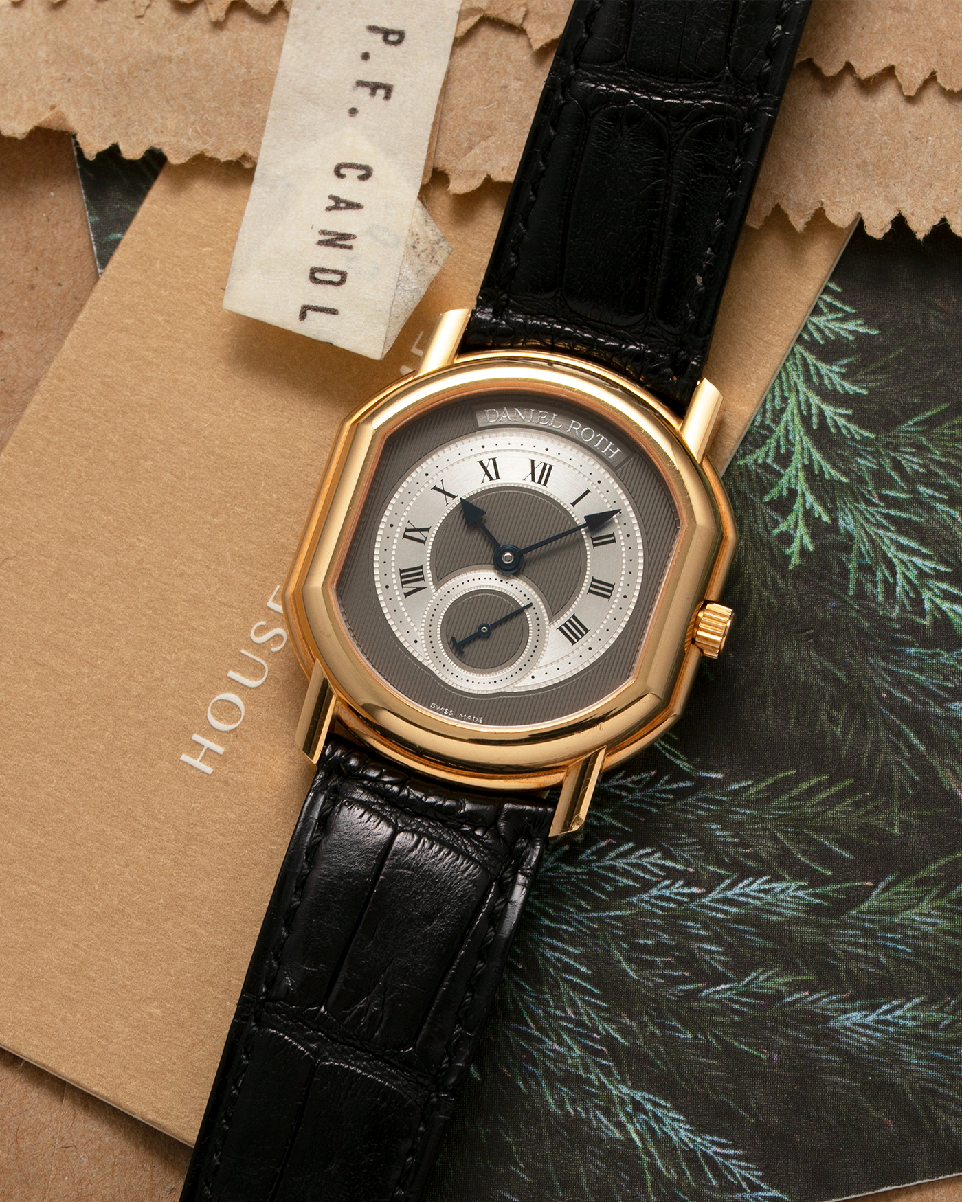 Brand: Daniel Roth Year: 1990’s Reference Number: 207/J1 Model: Seconds at Six Material: 18-carat Yellow Gold  Movement: Lemania Cal. 1918, Self-Winding Case Diameter: 35mm x 32mm Strap: Daniel Roth Black Alligator Leather Strap with Blancpain Signed 18-carat Yellow Gold Tang Buckle