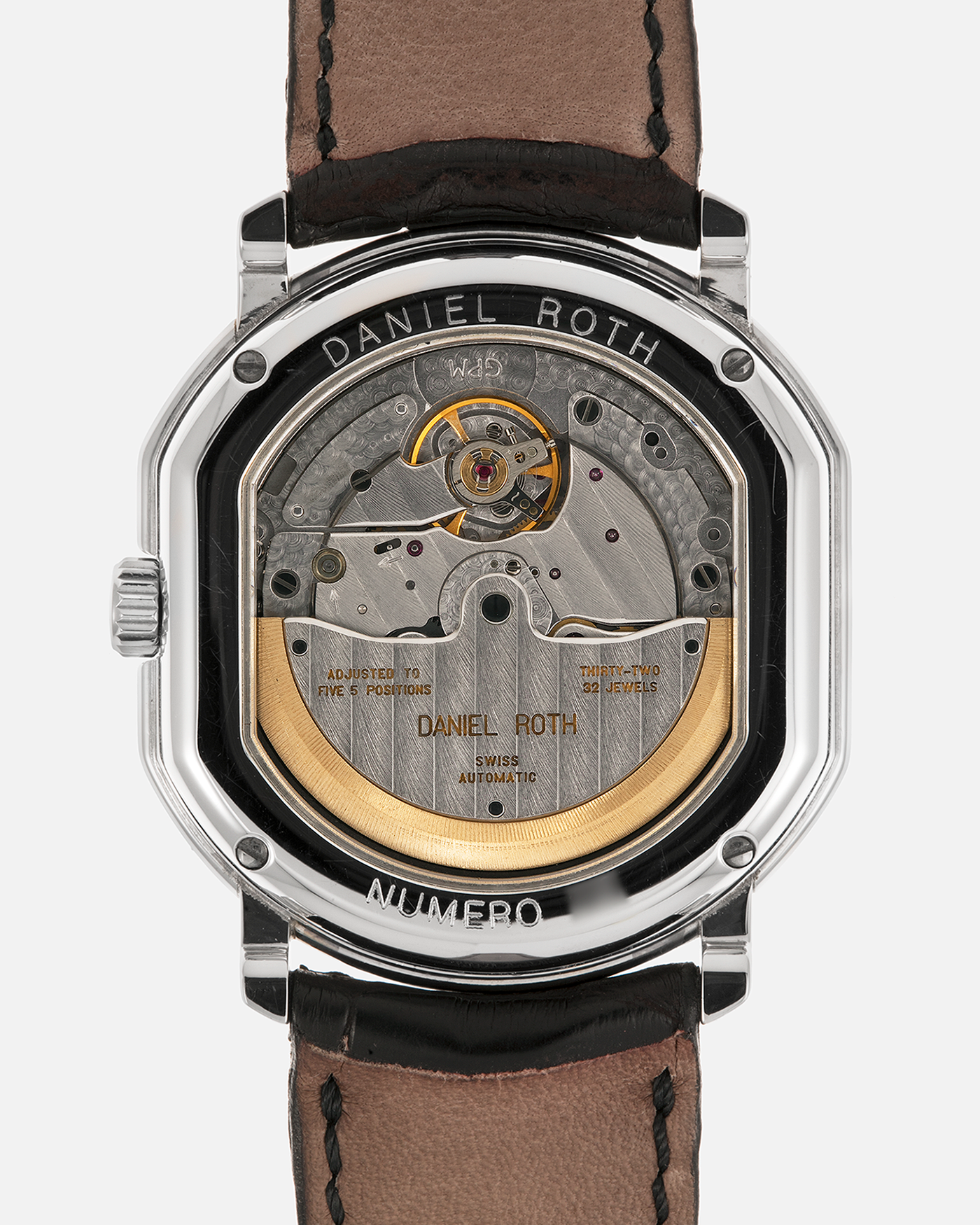 Brand: Daniel Roth
Year: 1990’s
Model: Seconds at Six
Reference: 207
Material: Stainless Steel
Movement: Daniel Roth Cal. DR111 (Girard-Perregaux based), Self-Winding
Case Dimensions: 35mm x 38mm (Lug-to-Lug 41mm)
Lug Width: 20mm
Strap: Daniel Roth Black Alligator Leather Strap with Signed Stainless Steel Deployant Clasp
