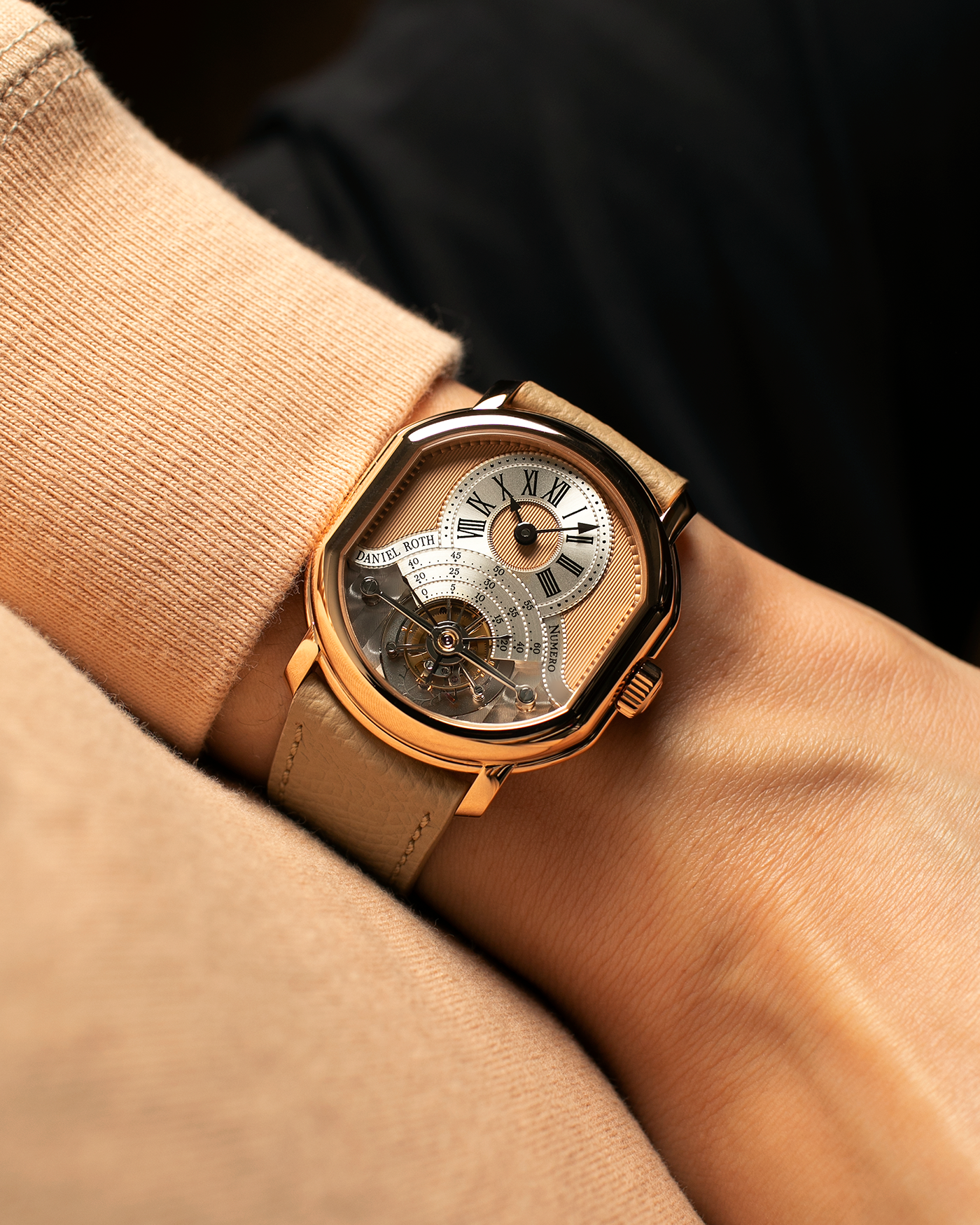 Brand: Daniel Roth
Year: 2025
Model: Tourbillon Rose Gold
Material: 18-carat Rose Gold, 925 Sterling Silver
Movement: Daniel Roth Cal. DR001, Manual-Winding
Case Dimensions: 35.5mm x 38.6mm x 9.2mm (Lug-to-Lug 42mm)
Lug Width: 20mm
Strap: Daniel Roth Taupe Calfskin Leather Strap with Signed 18-carat Rose Gold Tang Buckle