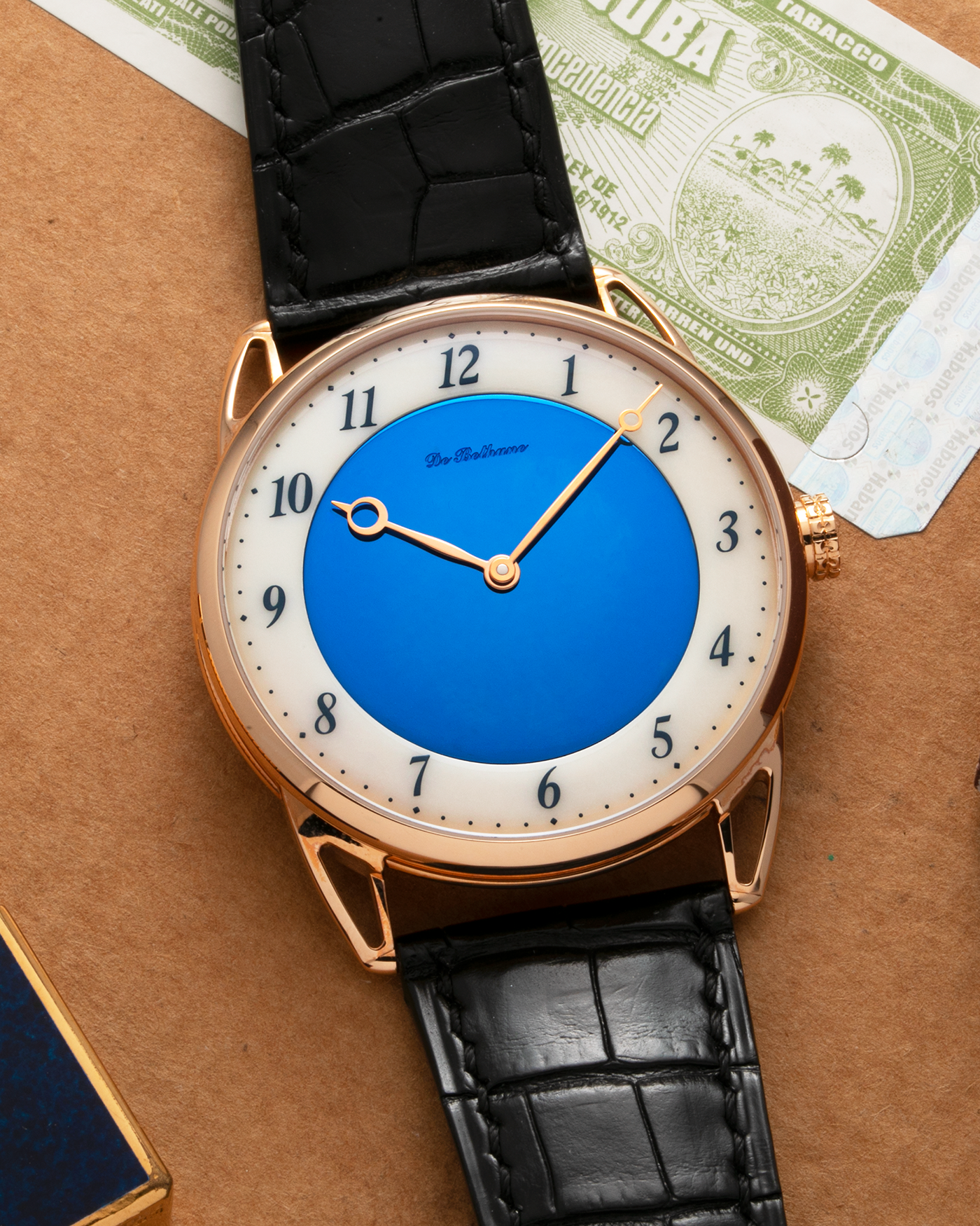 Brand: De Bethune Year: Circa 2020 Model: Midnight Blue Reference: DB25XPARV2 Material: 18-carat Rose Gold Movement: De Bethune Cal. DB2024, Self-Winding Case Diameter: 42mm Strap: De Bethune Black Alligator with Signed 18-carat Rose Gold Tang Buckle