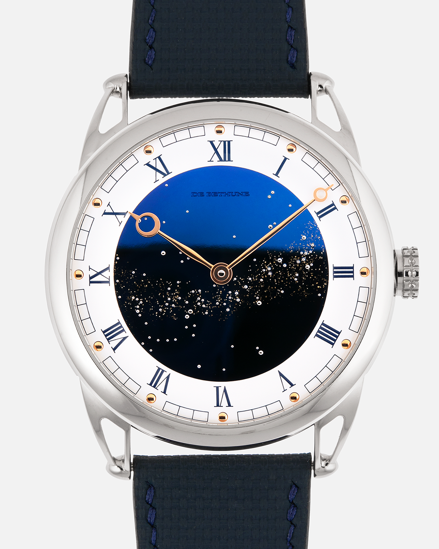 Brand: De Bethune
Year: 2022
Model: Starry Varius
Reference: DB25VTIS3
Material: Titanium
Movement: In-House Cal. DB2005
Case Diameter: 42mm
Strap: Delugs Blue Textile Strap, De Bethune Navy Blue Alligator Strap, De Bethune Black Alligator Strap with Titanium De Bethune Tang Buckle