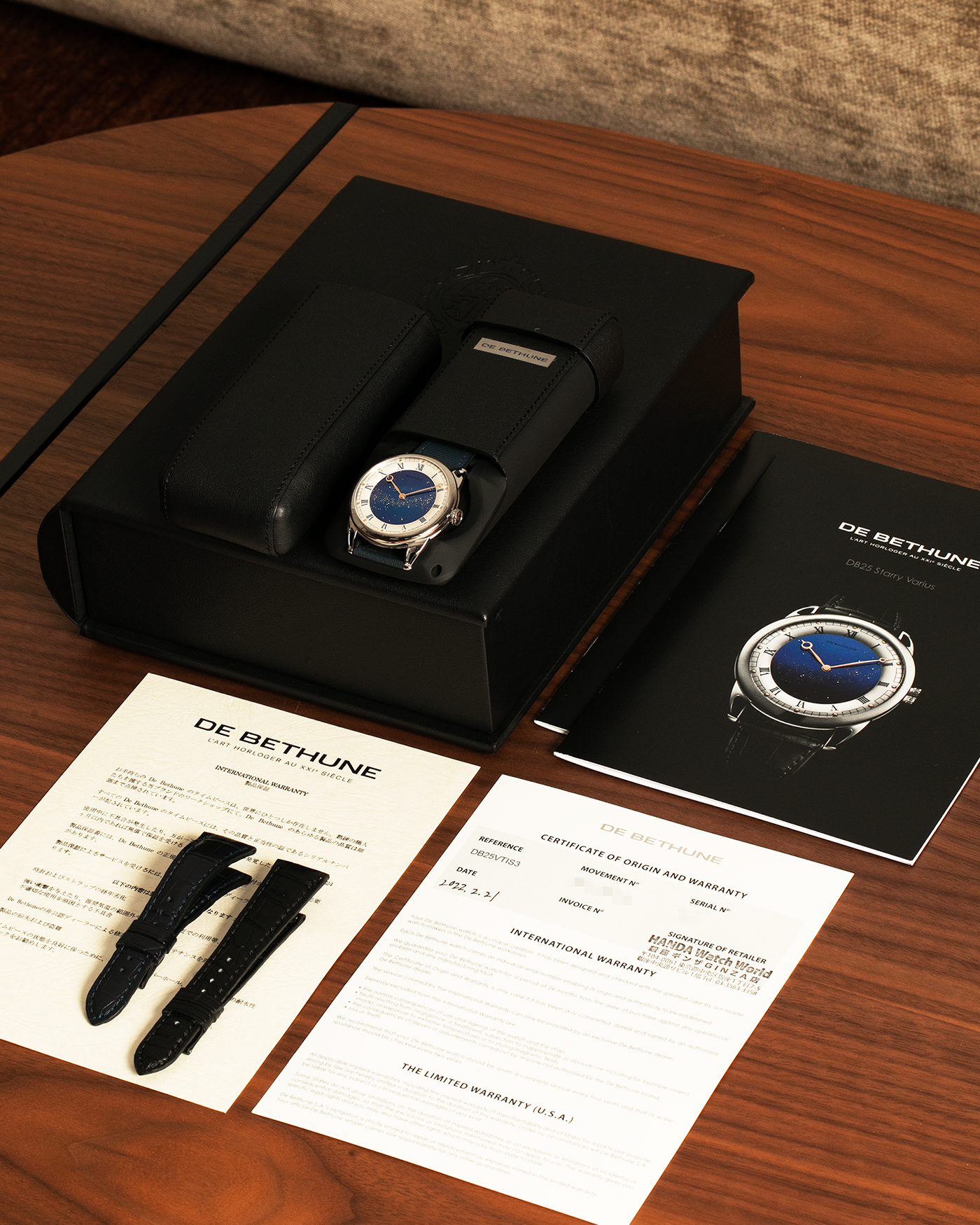Brand: De Bethune
Year: 2022
Model: Starry Varius
Reference: DB25VTIS3
Material: Titanium
Movement: In-House Cal. DB2005
Case Diameter: 42mm
Strap: Delugs Blue Textile Strap, De Bethune Navy Blue Alligator Strap, De Bethune Black Alligator Strap with Titanium De Bethune Tang Buckle