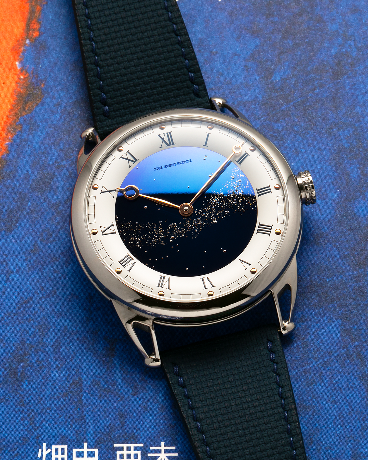 Brand: De Bethune
Year: 2022
Model: Starry Varius
Reference: DB25VTIS3
Material: Titanium
Movement: In-House Cal. DB2005
Case Diameter: 42mm
Strap: Delugs Blue Textile Strap, De Bethune Navy Blue Alligator Strap, De Bethune Black Alligator Strap with Titanium De Bethune Tang Buckle