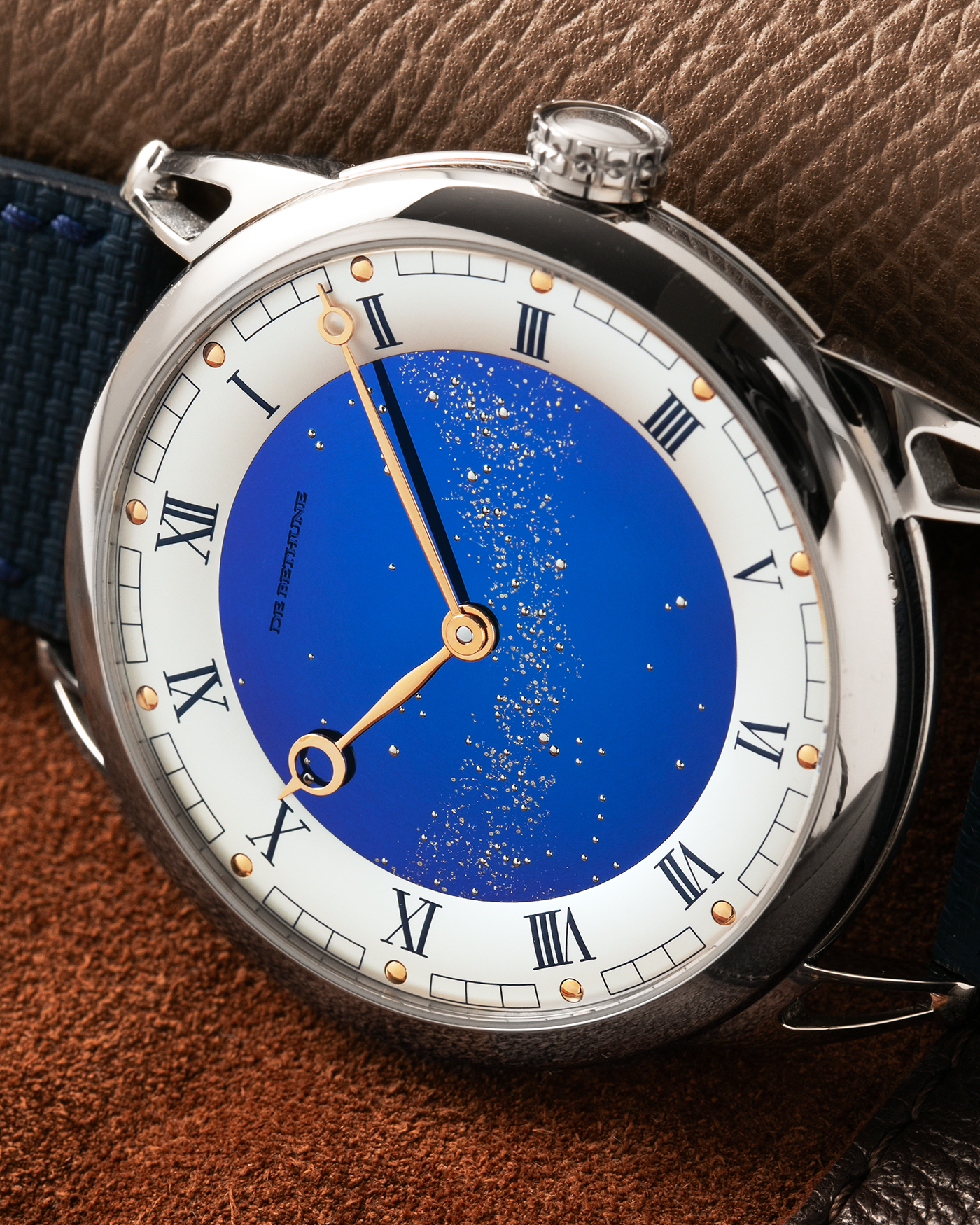 Brand: De Bethune
Year: 2022
Model: Starry Varius
Reference: DB25VTIS3
Material: Titanium
Movement: In-House Cal. DB2005
Case Diameter: 42mm
Strap: Delugs Blue Textile Strap, De Bethune Navy Blue Alligator Strap, De Bethune Black Alligator Strap with Titanium De Bethune Tang Buckle