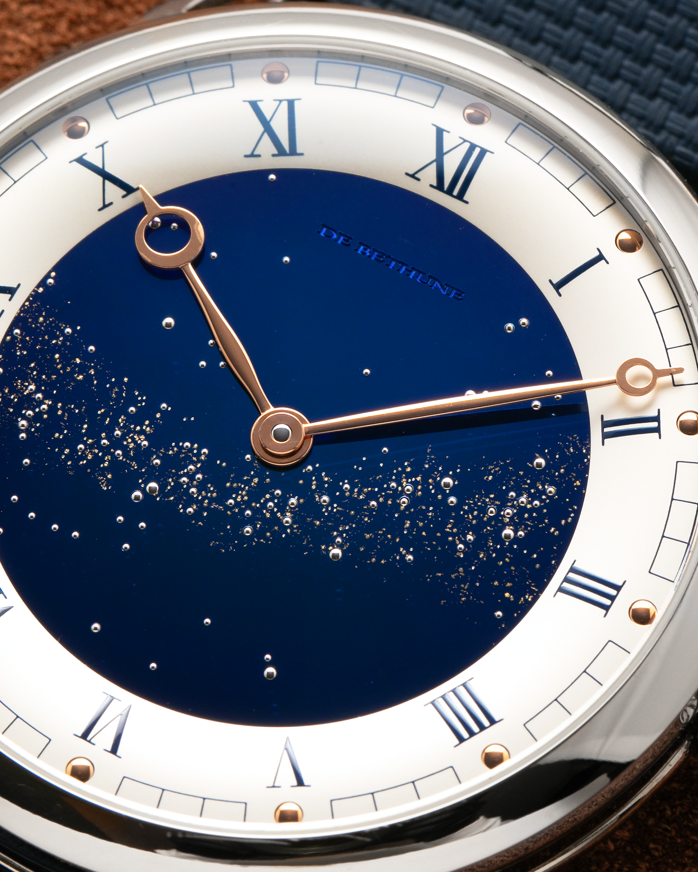 Brand: De Bethune
Year: 2022
Model: Starry Varius
Reference: DB25VTIS3
Material: Titanium
Movement: In-House Cal. DB2005
Case Diameter: 42mm
Strap: Delugs Blue Textile Strap, De Bethune Navy Blue Alligator Strap, De Bethune Black Alligator Strap with Titanium De Bethune Tang Buckle