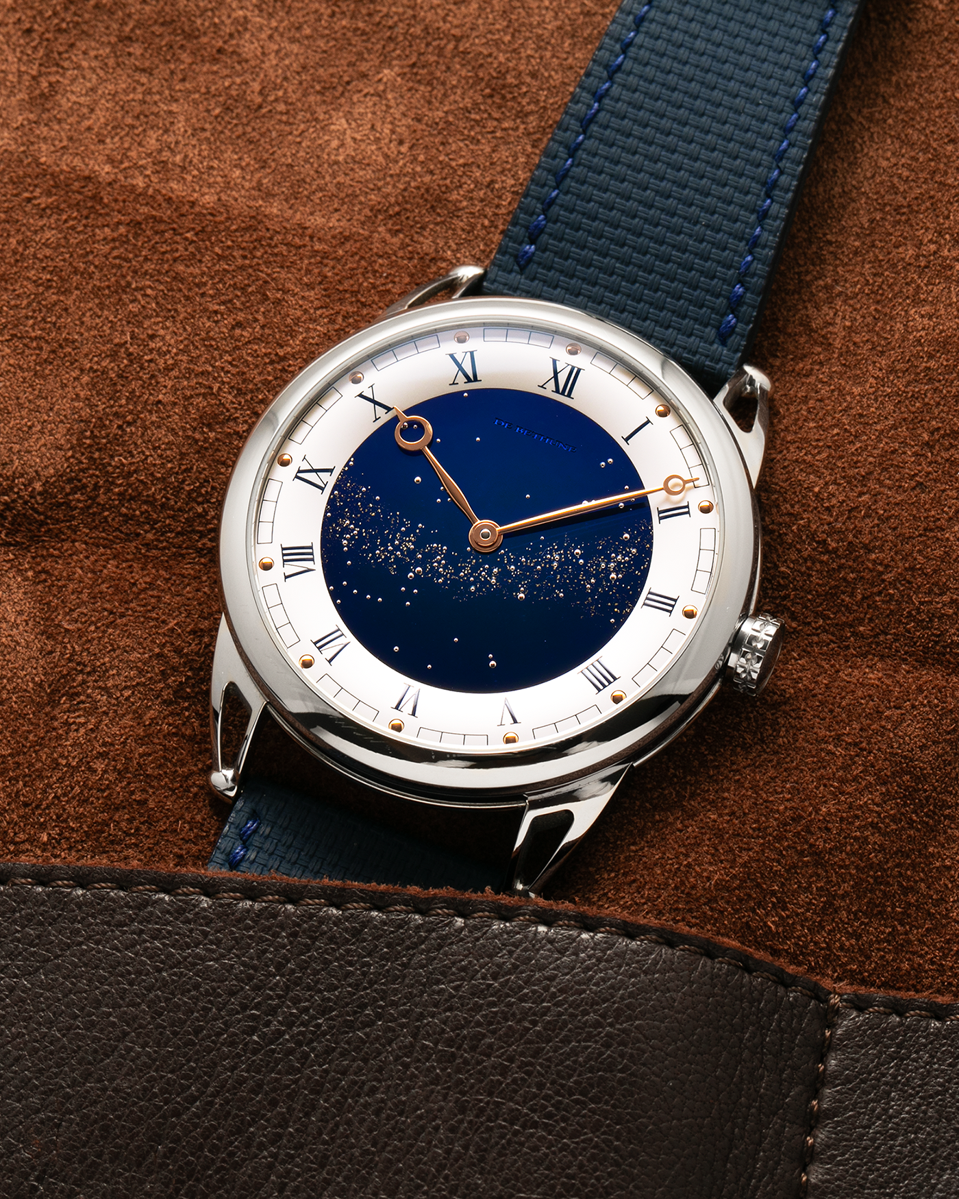 Brand: De Bethune
Year: 2022
Model: Starry Varius
Reference: DB25VTIS3
Material: Titanium
Movement: In-House Cal. DB2005
Case Diameter: 42mm
Strap: Delugs Blue Textile Strap, De Bethune Navy Blue Alligator Strap, De Bethune Black Alligator Strap with Titanium De Bethune Tang Buckle